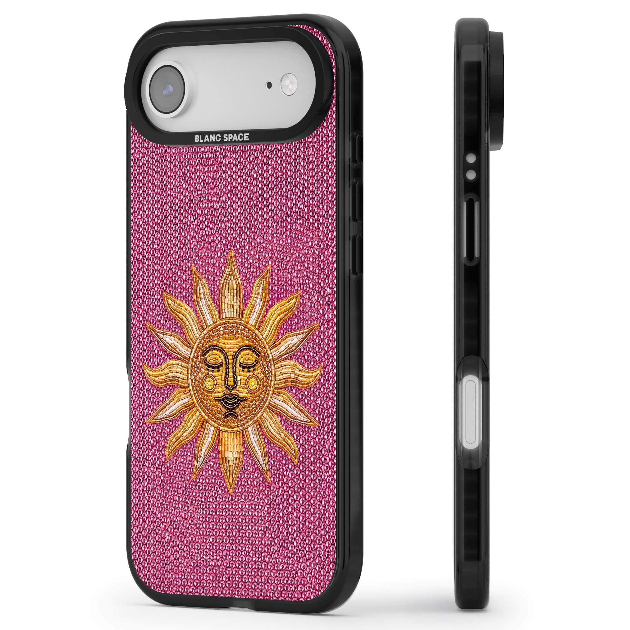 Beaded Sun celestial iPhone case featuring a golden beaded sun face with radiant rays on hot pink beaded background | Clear Impact case for iPhone Air