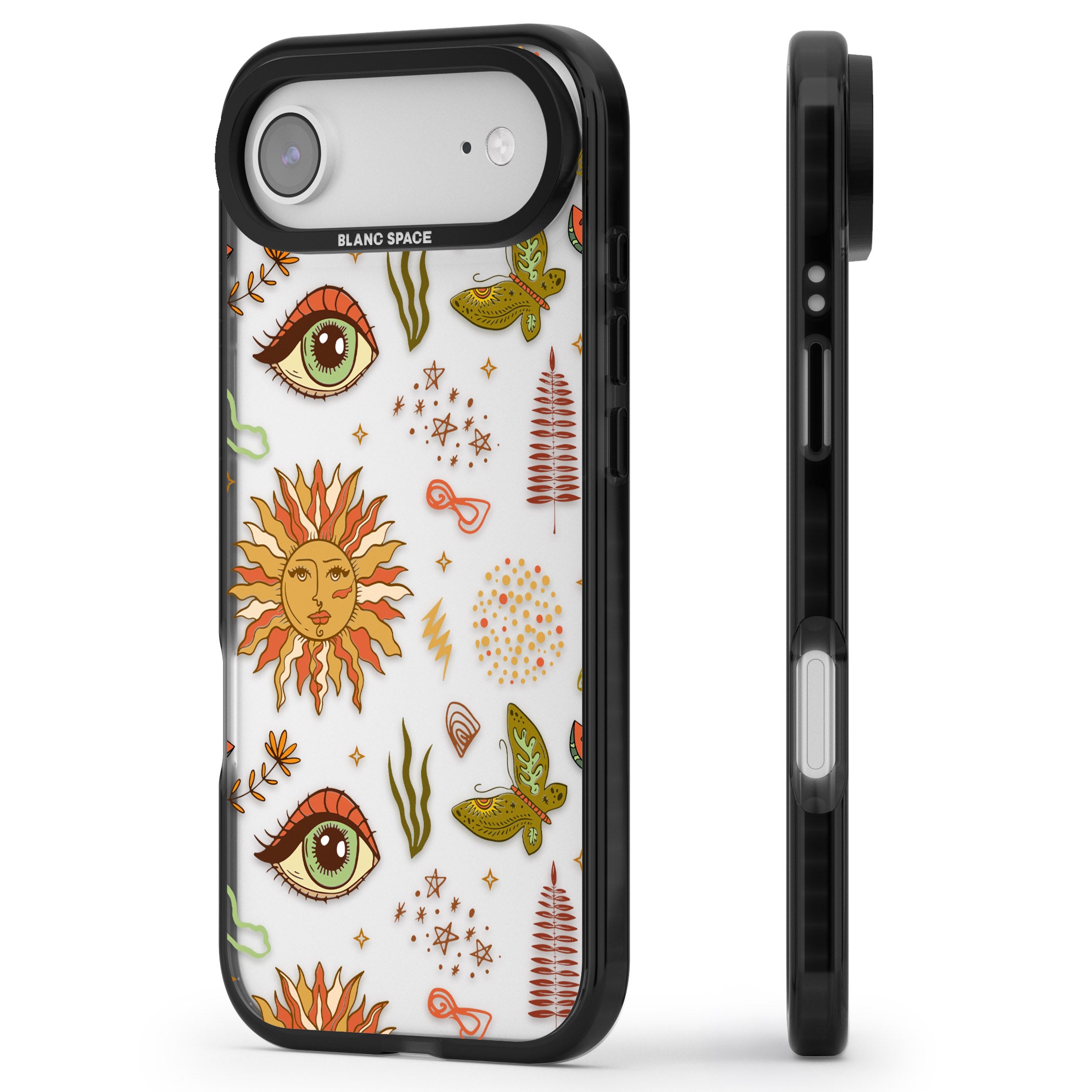 Boho Celestial Sun & Eye Pattern iPhone 17 Air Impact Black Phone Case Side Profile