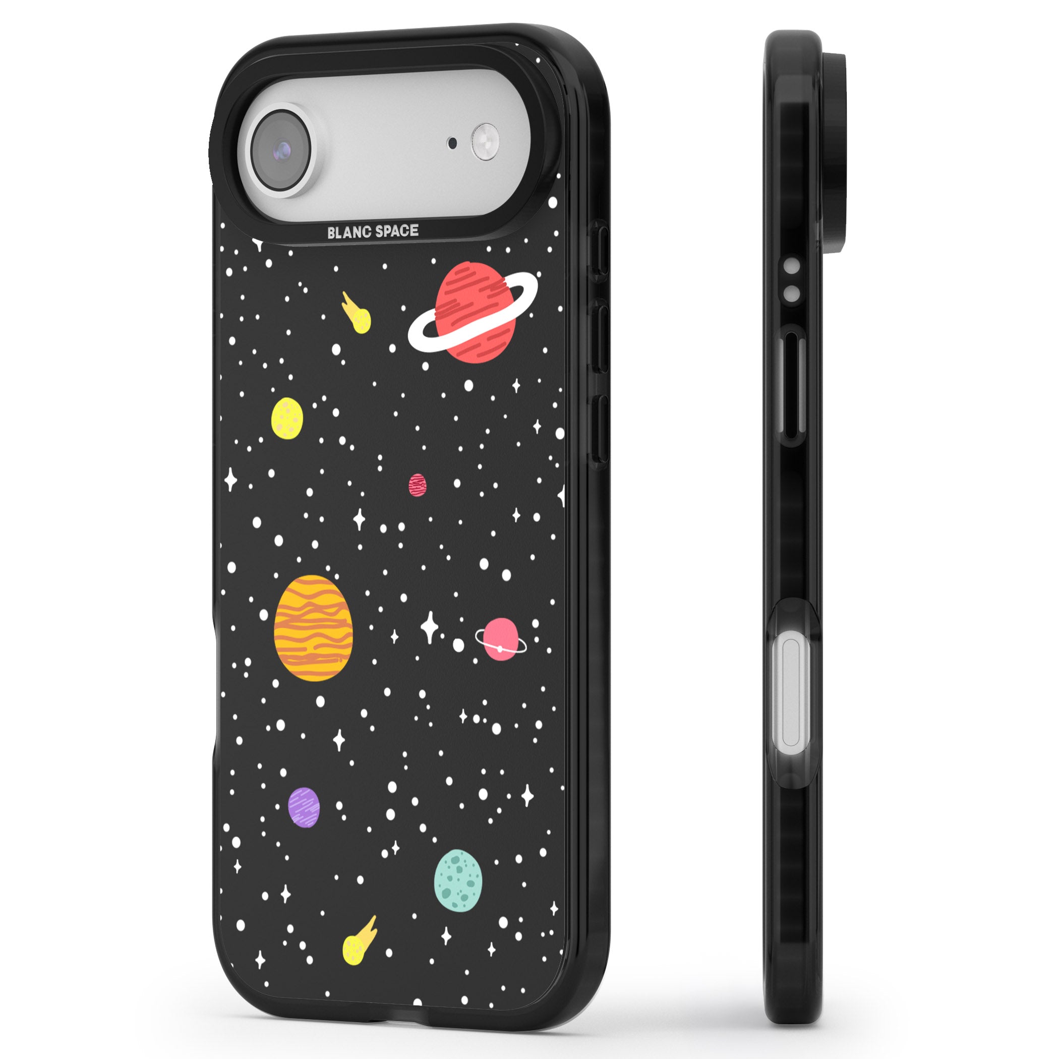 Cute Cartoon Planets iPhone 17 Air Impact Black Phone Case Side Profile