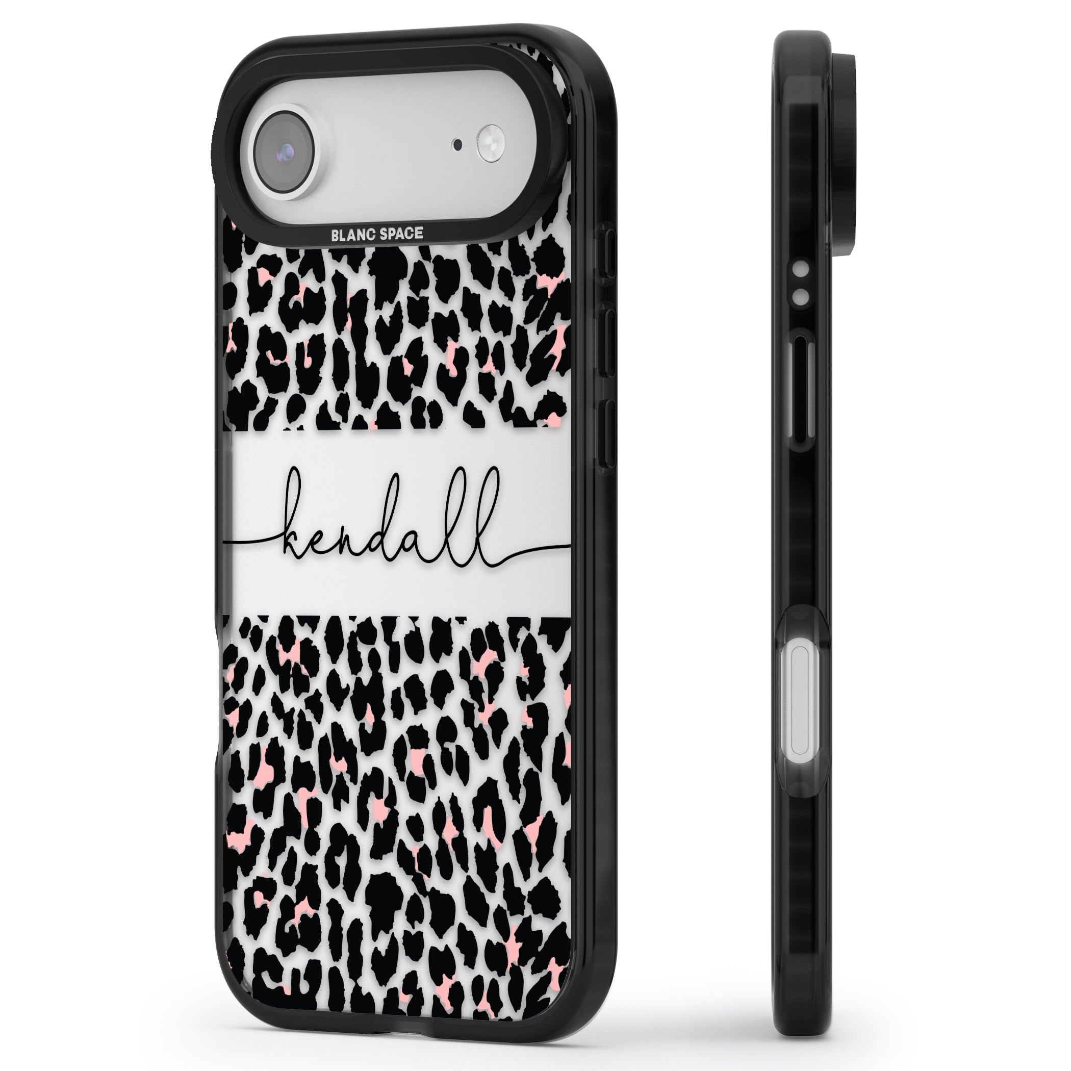 Personalised Cursive Leopard Spots iPhone 17 Air Impact Black Phone Case Side Profile