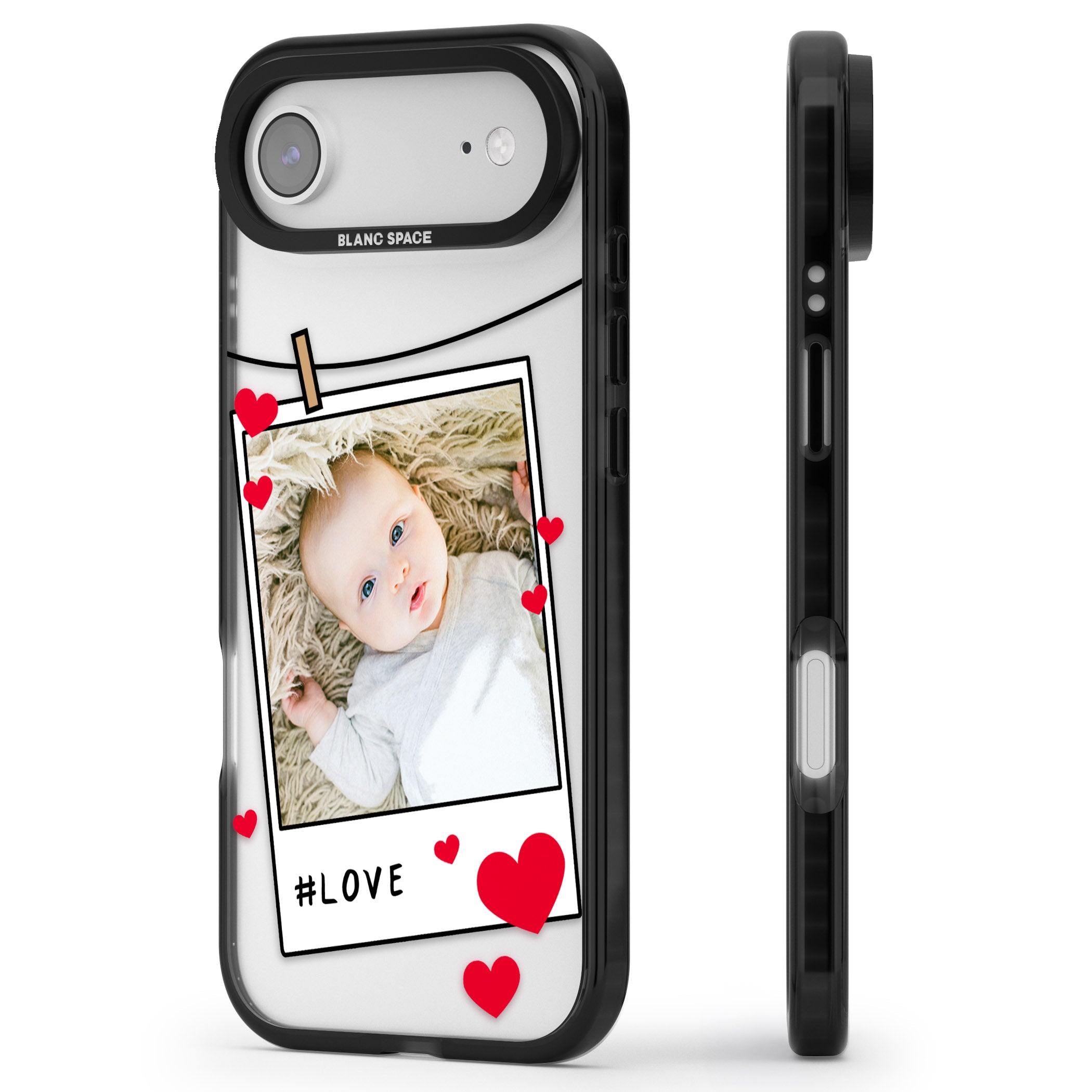 Personalised Paperclip & Hearts Instant Camera Photo iPhone 17 Air Impact Black Phone Case Side Profile