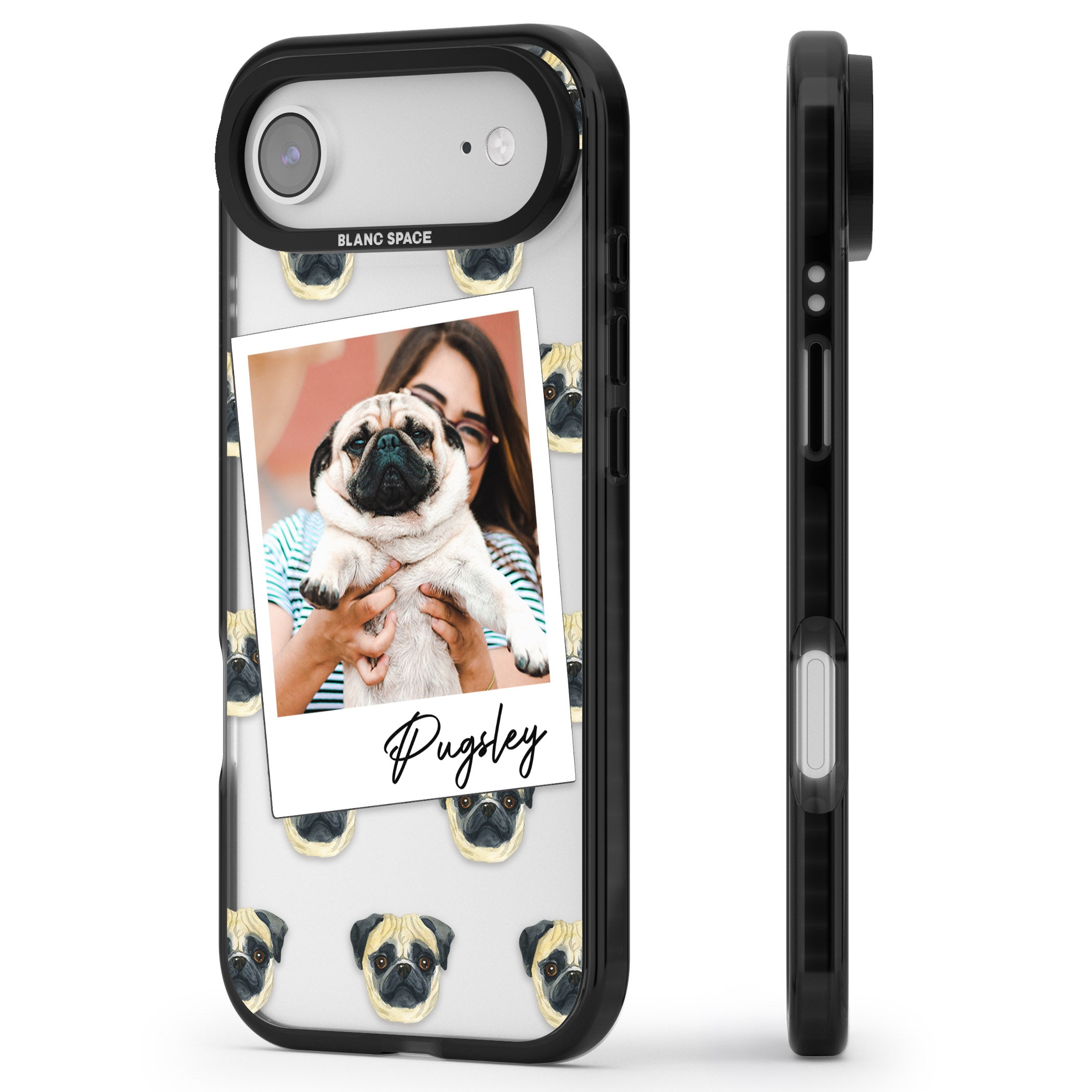 Personalised Pug Instant Camera Photo iPhone 17 Air Impact Black Phone Case Side Profile