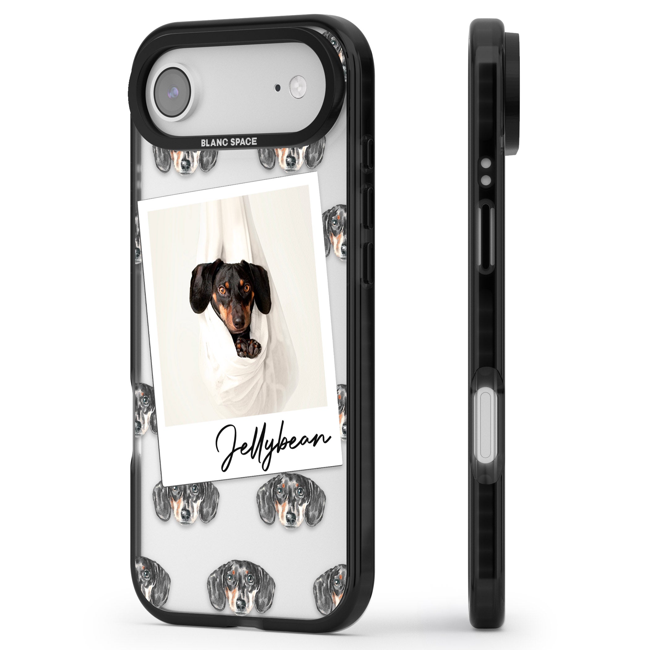 Personalised Black Dachshund Instant Camera Photo iPhone 17 Air Impact Black Phone Case Side Profile