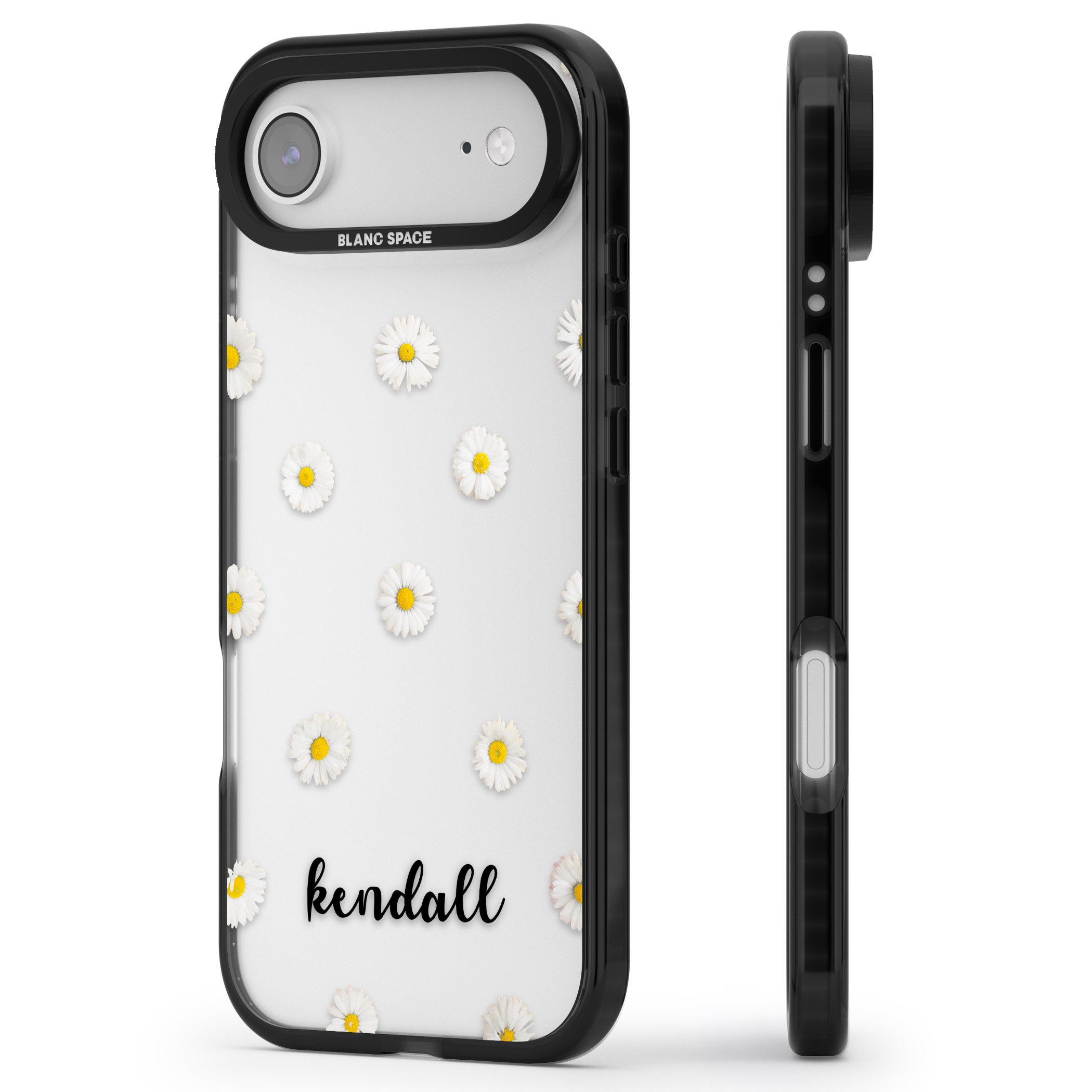 Personalised White Daisies & Cursive iPhone 17 Air Impact Black Phone Case Side Profile