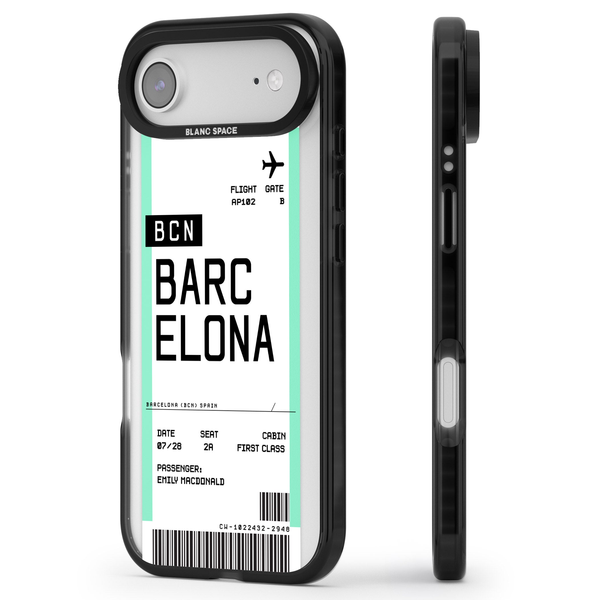 Personalised Barcelona Boarding Pass iPhone 17 Air Impact Black Phone Case Side Profile