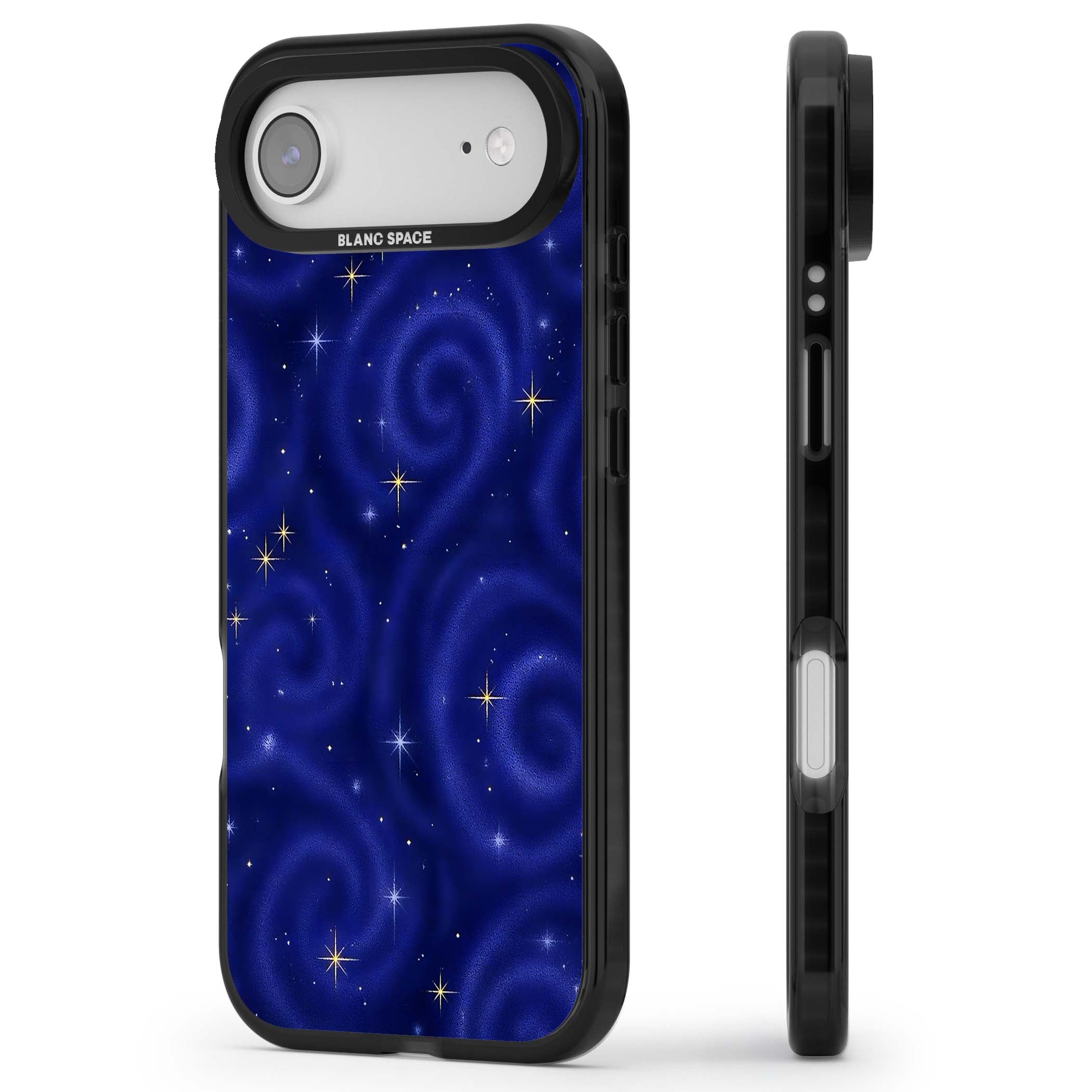 Indigo Cosmos celestial iPhone case featuring swirling navy night sky and sparkling golden stars | Clear Impact case for iPhone Air