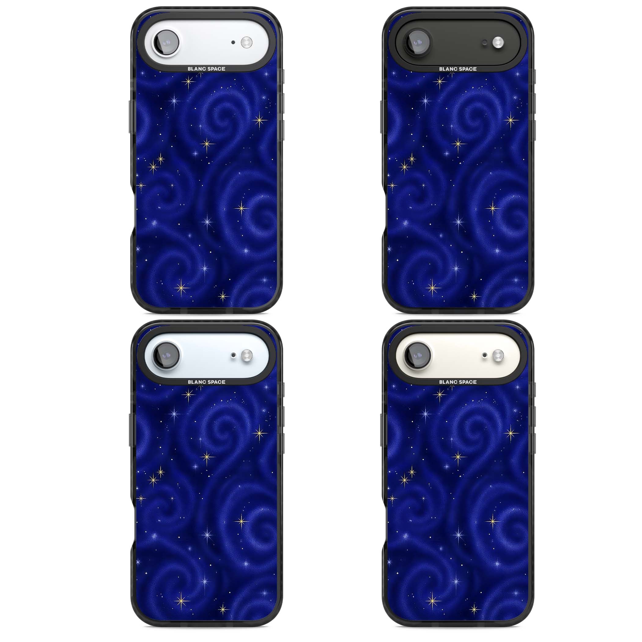 Indigo Cosmos celestial iPhone case featuring swirling navy night sky and sparkling golden stars | Clear Impact case for iPhone Air