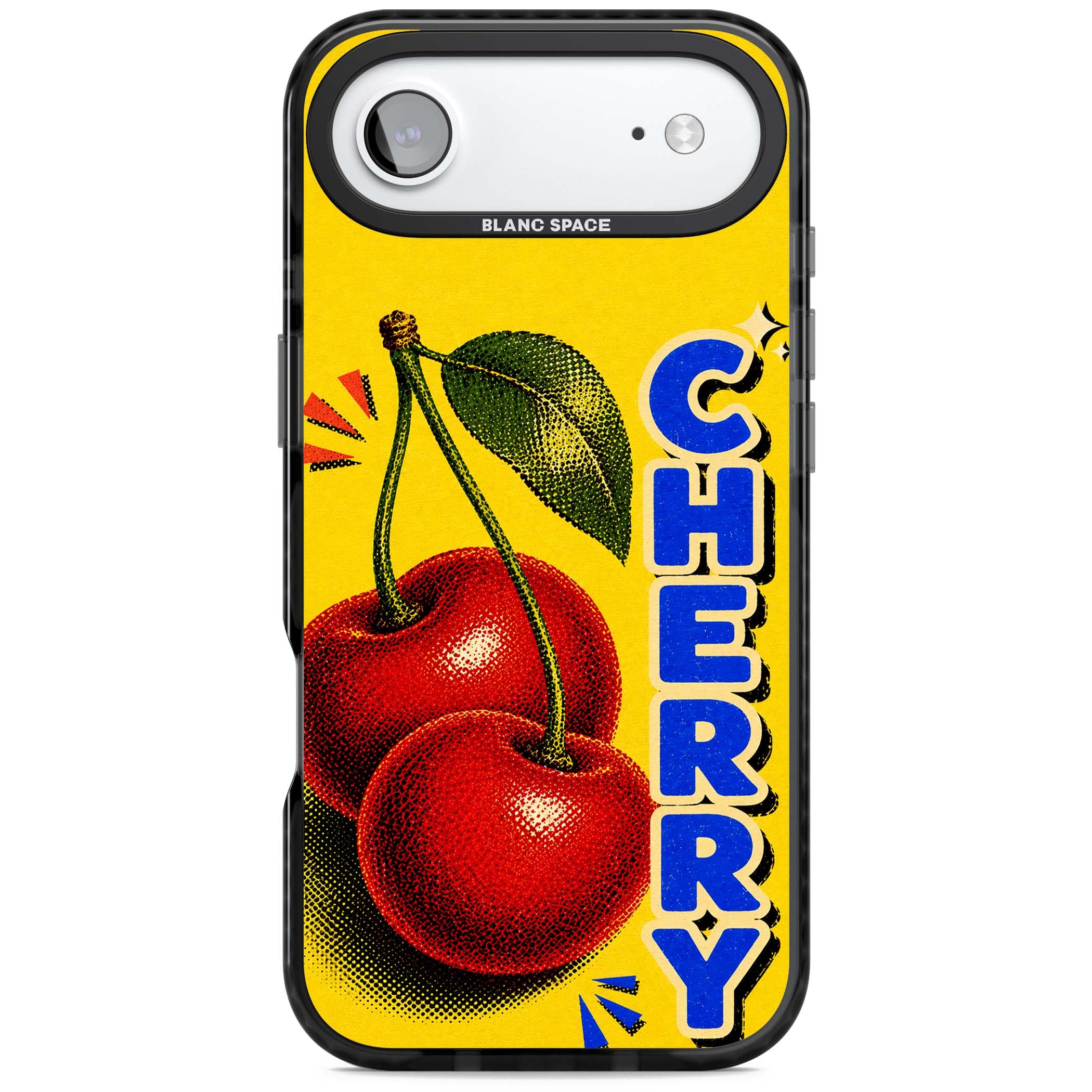 Cherry Yellow y2k iPhone case featuring two red cherries, halftone shading and bold blue CHERRY lettering on yellow | Clear Impact case for iPhone Air