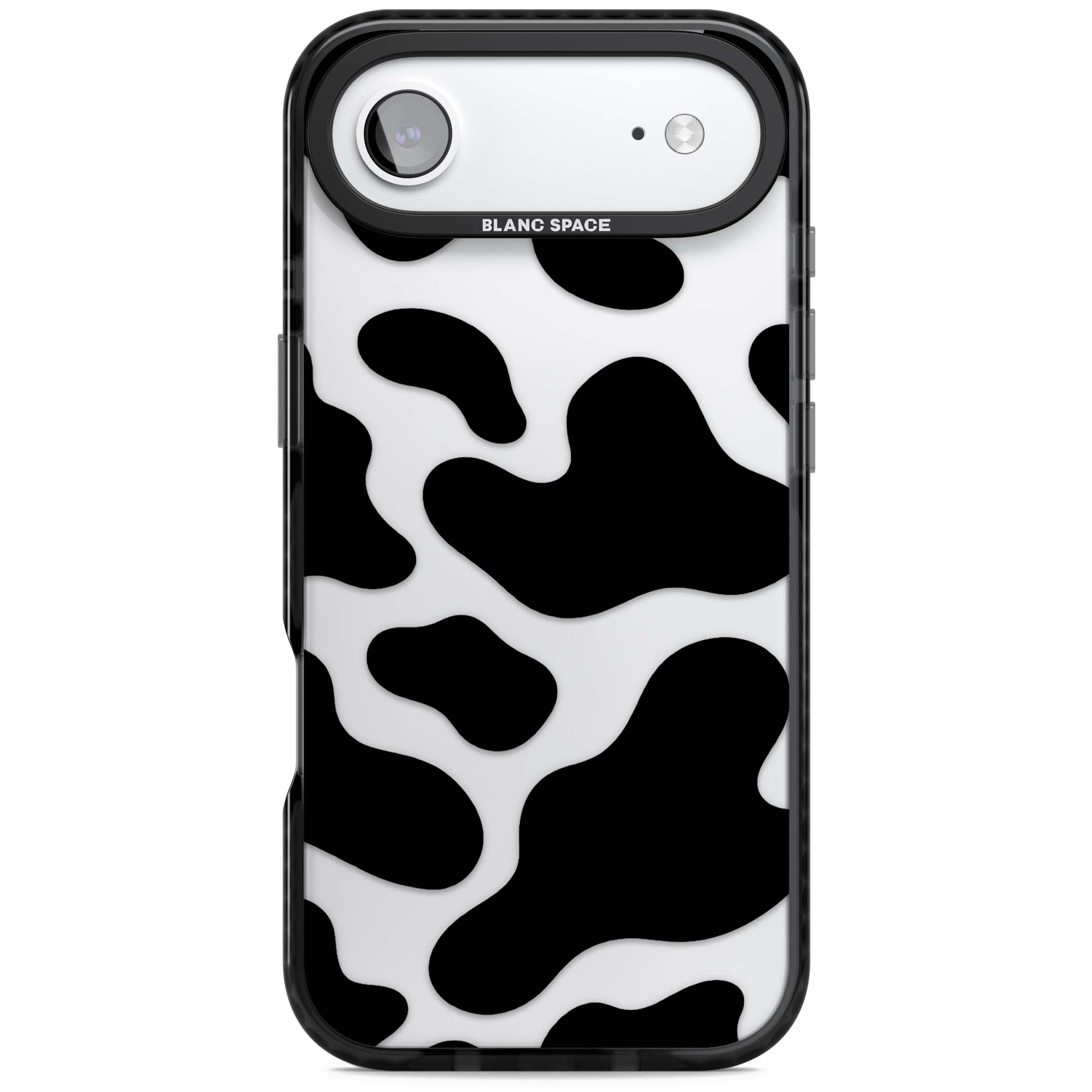 Clear Cow Print cow print iPhone case featuring black and white cow pattern splotches on a clear background | Clear Impact case for iPhone Air