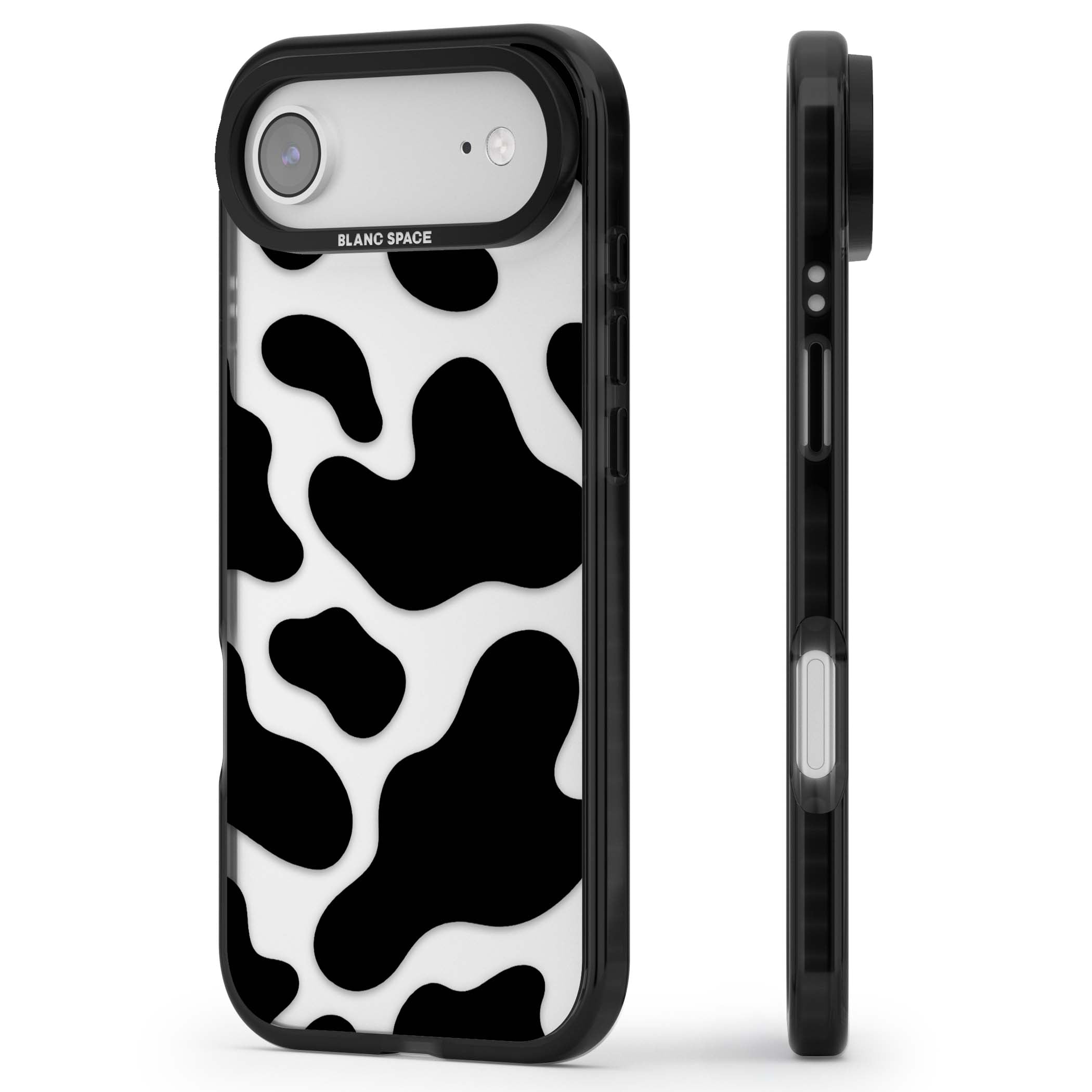 Clear Cow Print cow print iPhone case featuring black and white cow pattern splotches on a clear background | Clear Impact case for iPhone Air