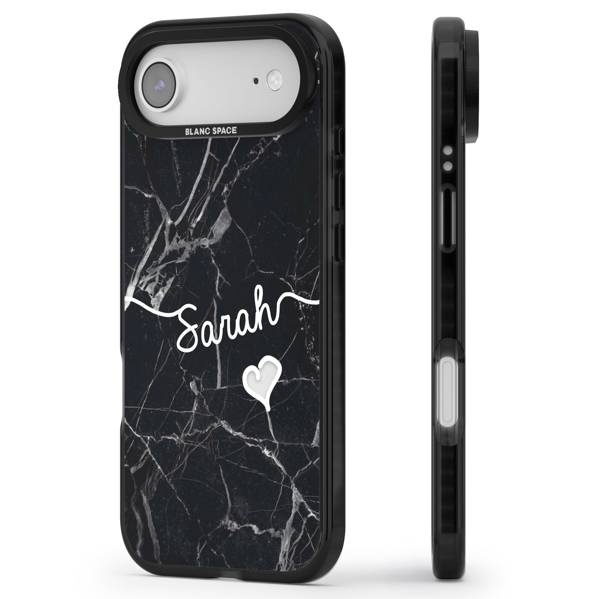 Personalised Black Marble Heart iPhone 17 Air Impact Black Phone Case Side Profile