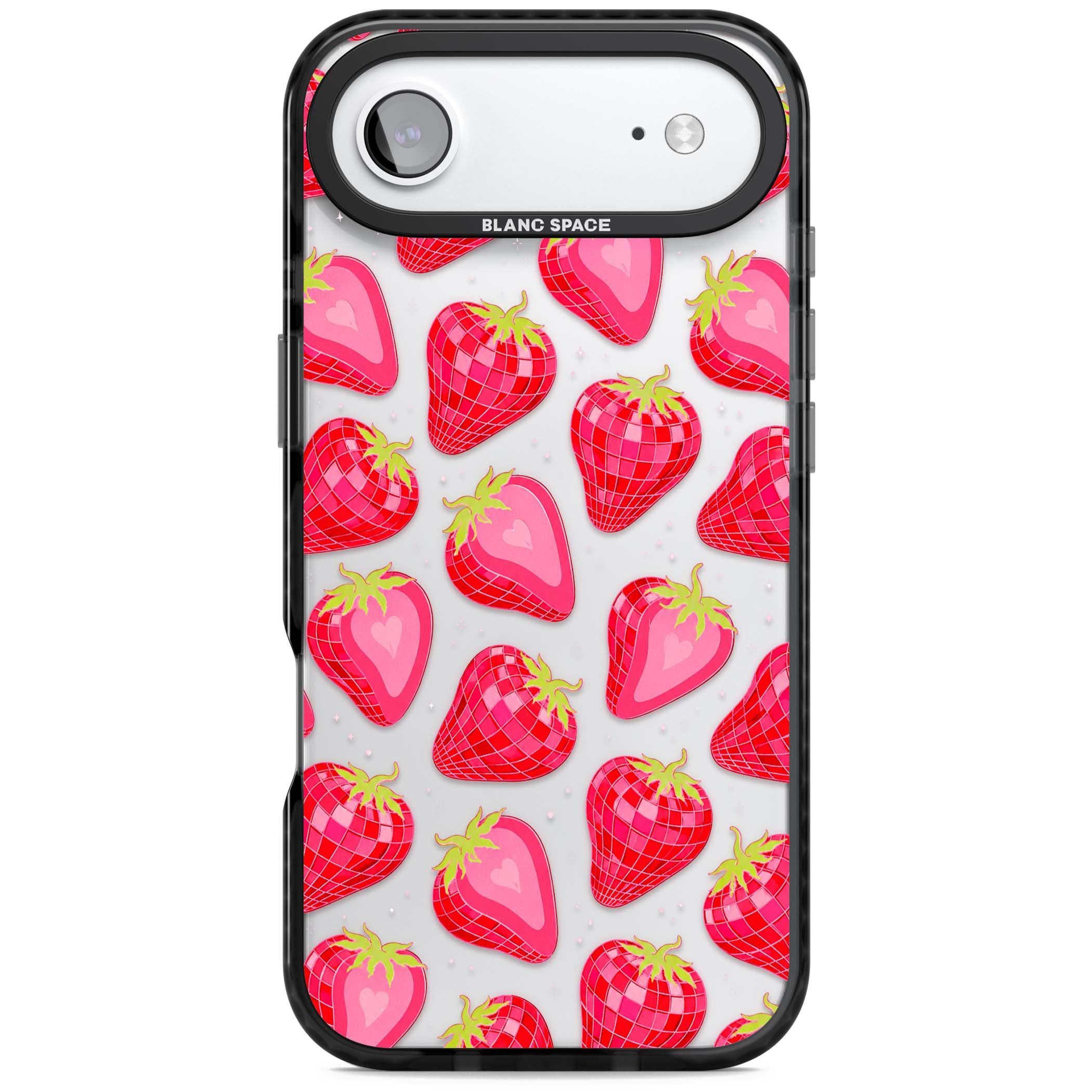 Disco Strawberry Y2K iPhone case featuring pink disco-ball strawberries, green leaves and tiny sparkles | Clear Impact case for iPhone Air