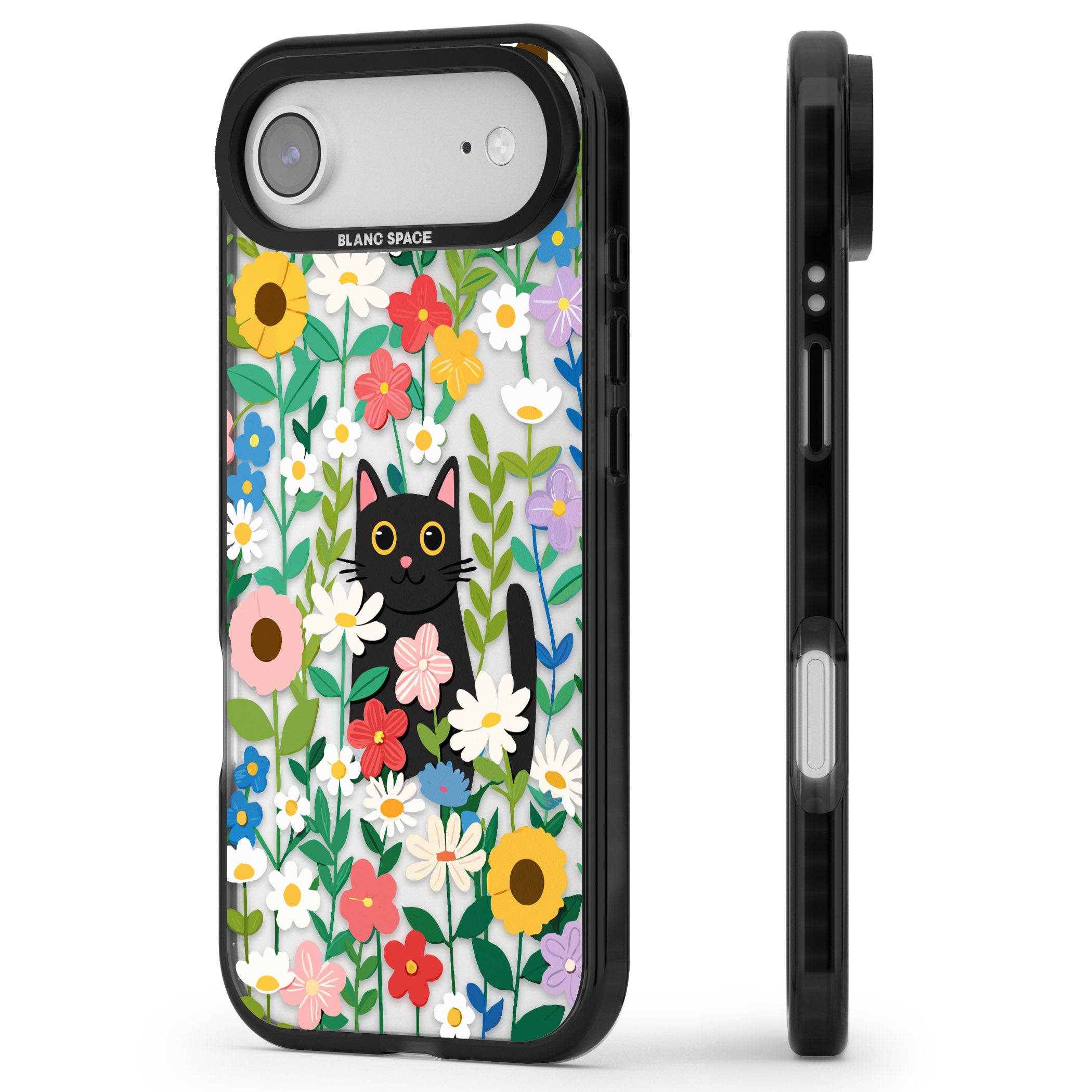 Whiskers & Wildflowers Cat iPhone 17 Air Impact Black Phone Case Side Profile