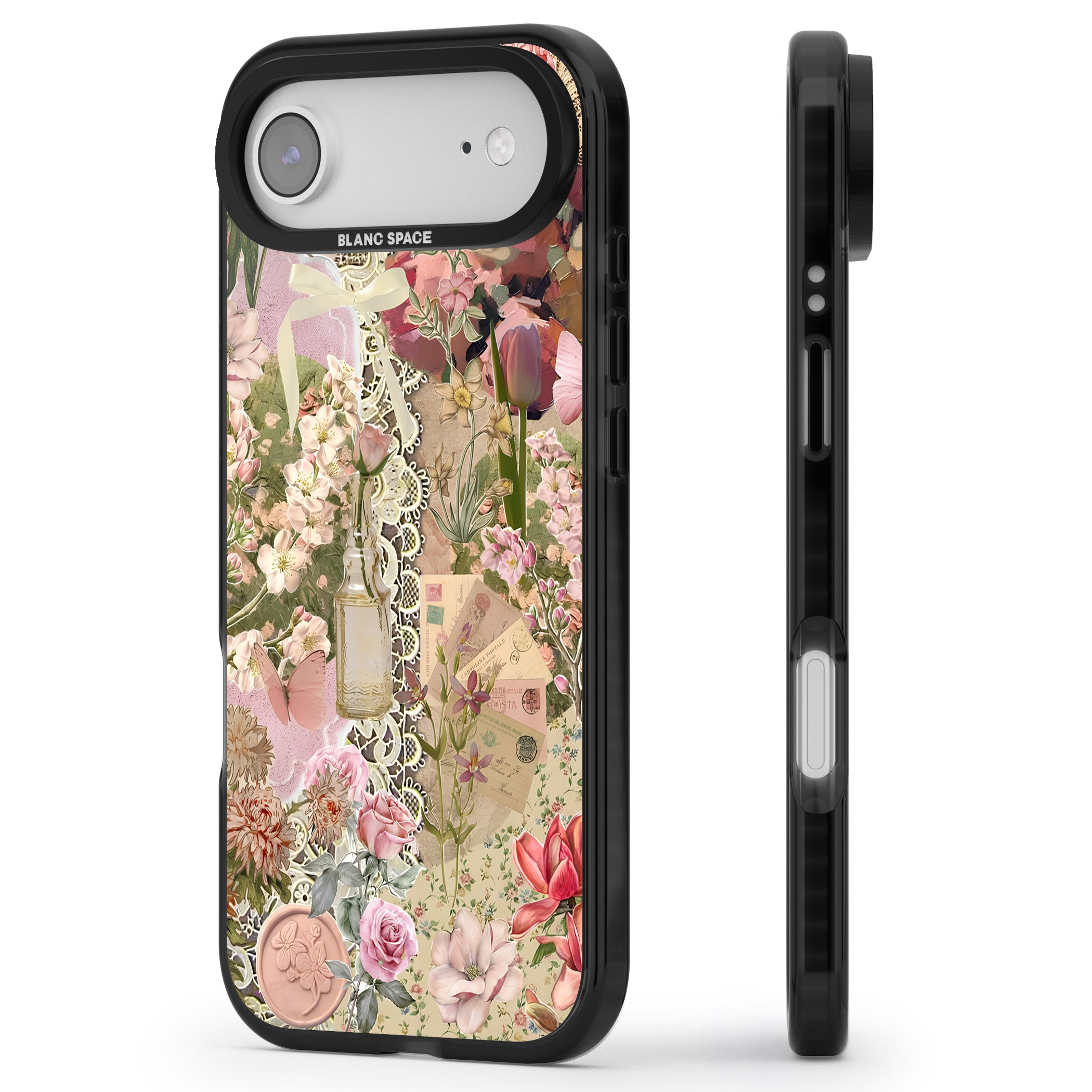Soft Pink Flower Collage iPhone 17 Air Impact Black Phone Case Side Profile