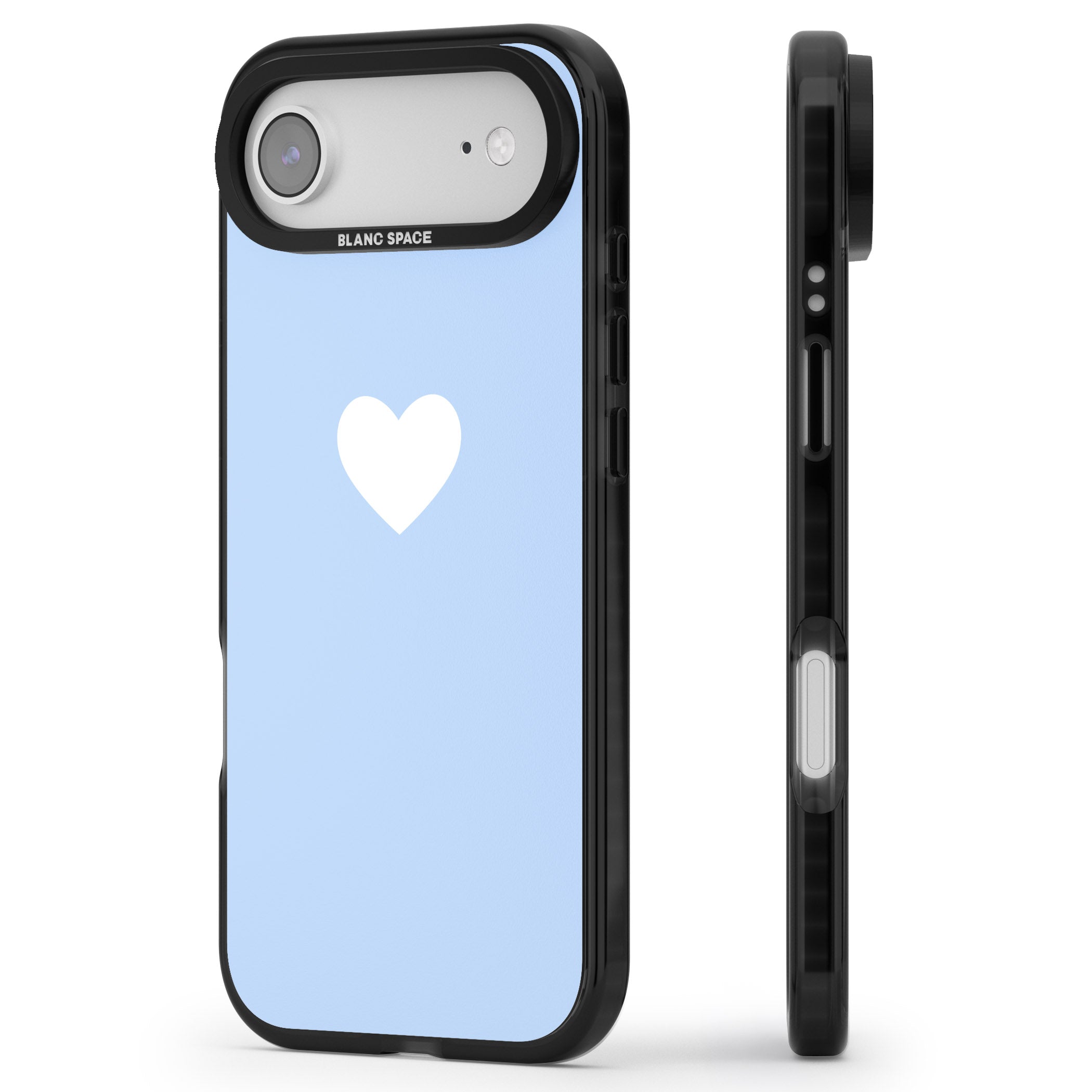 Single Heart Design: White & Baby Blue iPhone 17 Air Impact Black Phone Case Side Profile