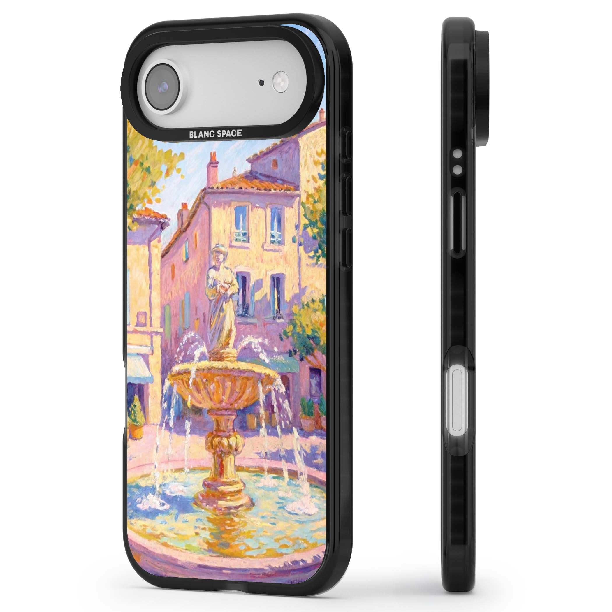 Fountain Square fine art iPhone case featuring an impressionist Provençal fountain, pastel village buildings and summe | Clear Impact case for iPhone Air