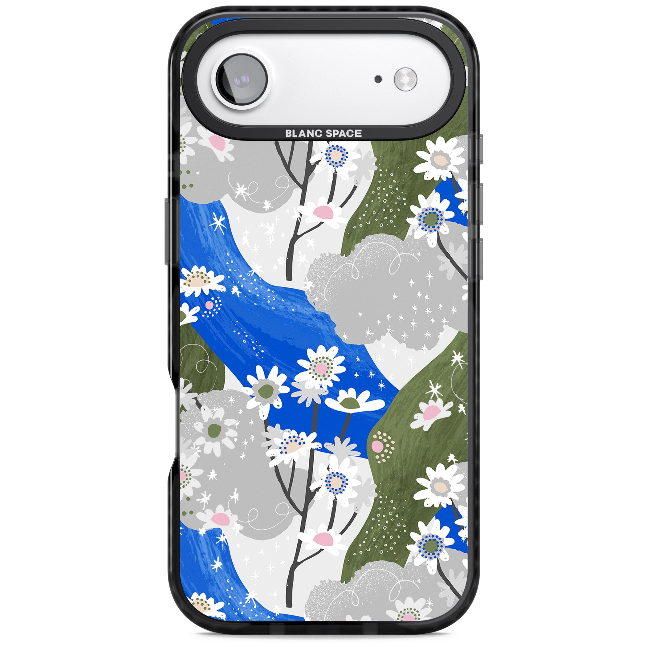 Blue & Grey Daisies Pattern iPhone 17 Air Impact Pro Black Phone Case