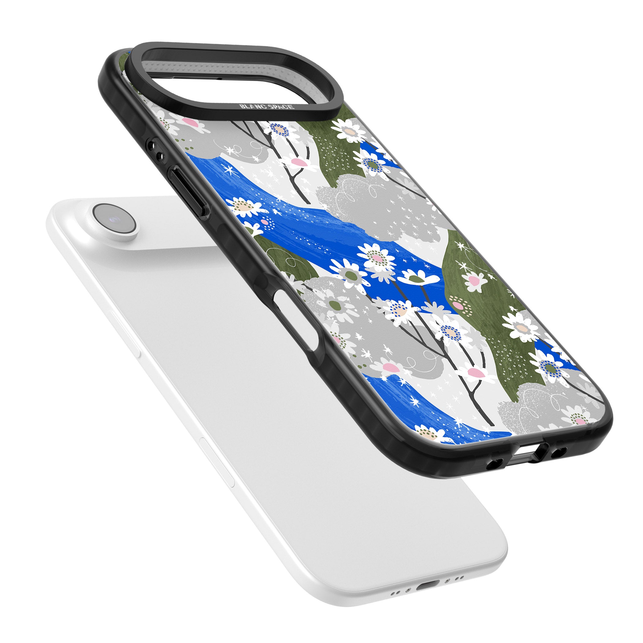 Blue & Grey Daisies Pattern iPhone 17 Air Impact Pro Black Phone Case Colours