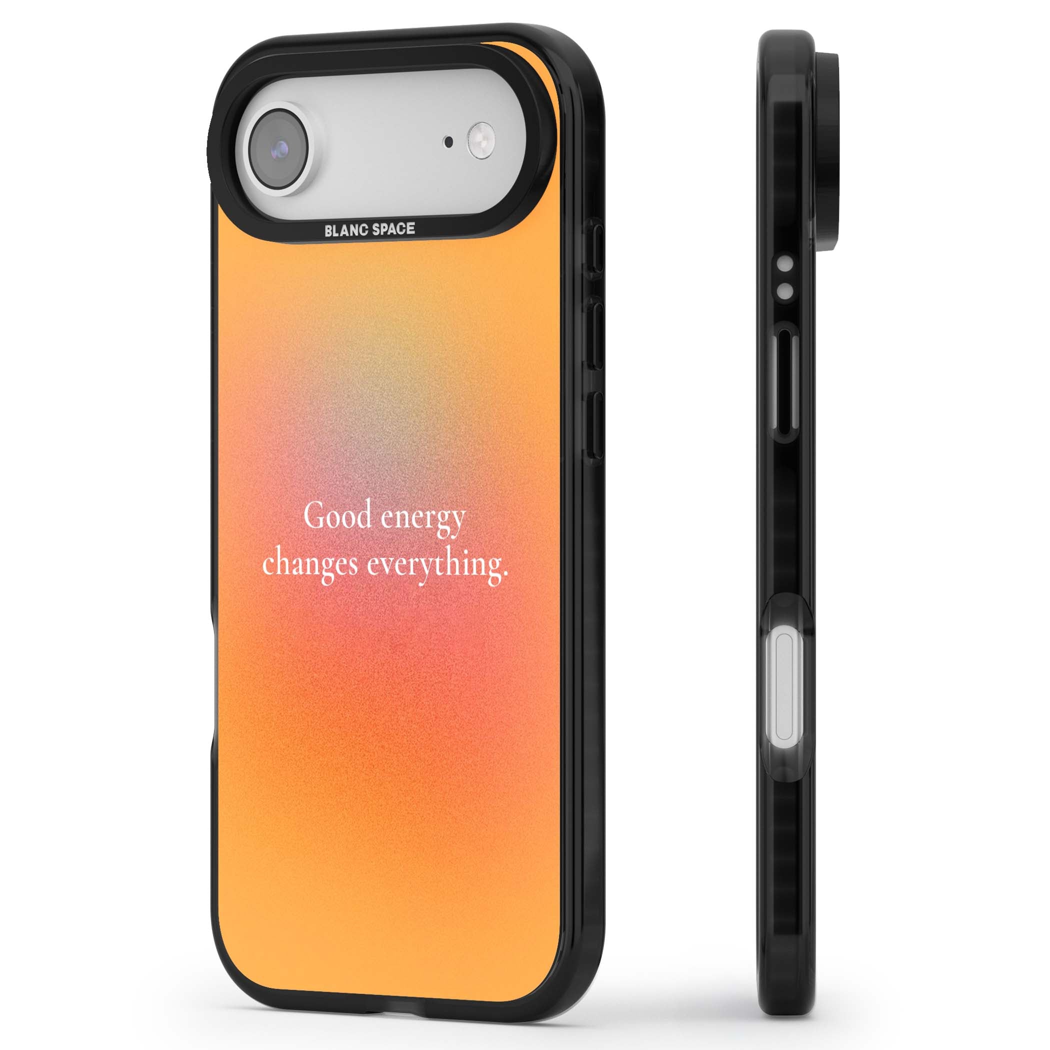 Good Energy quote iPhone case featuring an orange and pink aura gradient with white serif affirmation text | Black Impact Magsafe case for iPhone Air