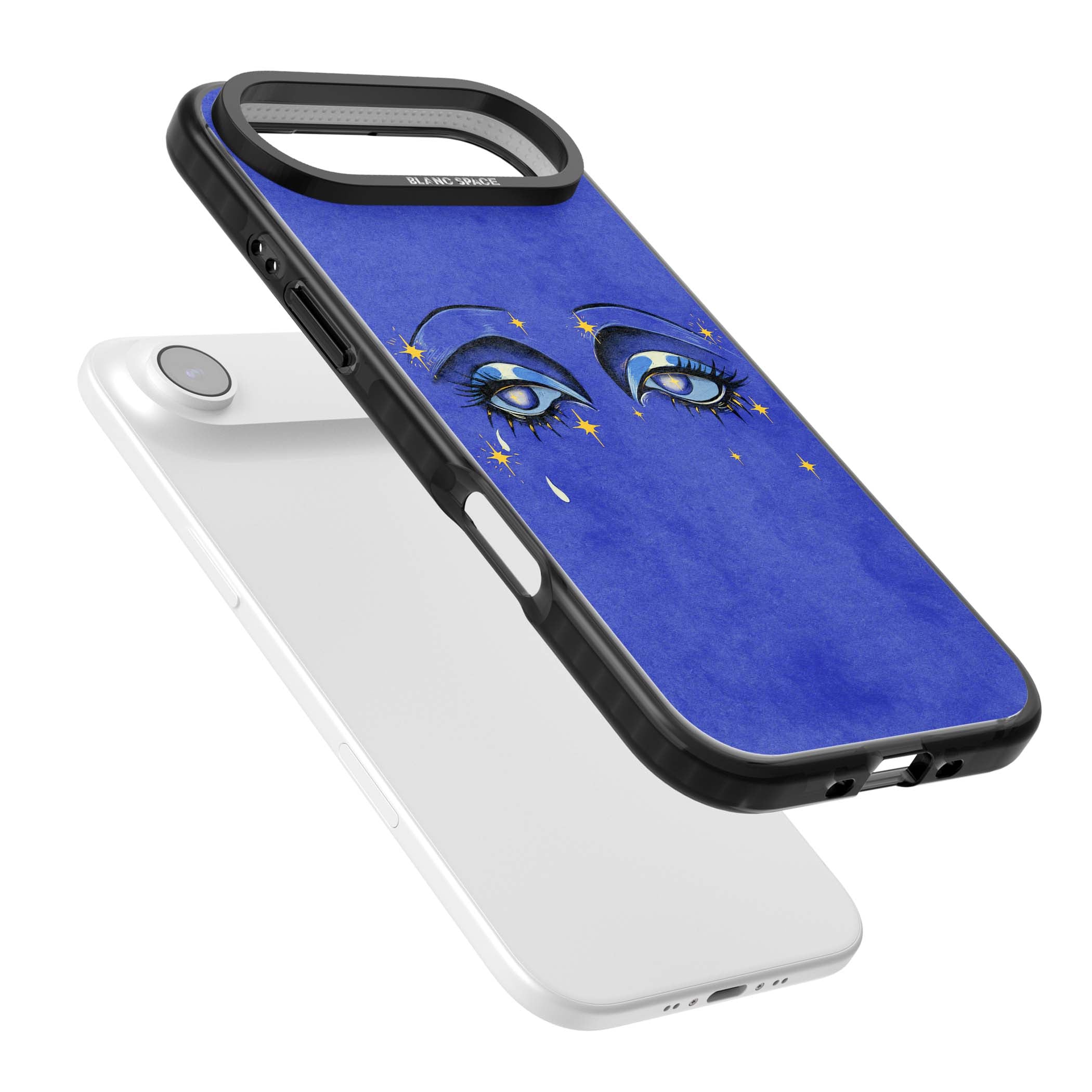 Blue Mystic Eyes celestial iPhone case featuring hand drawn blue mystical eyes, golden stars and a painted tear on indigo | Black Impact Magsafe case for iPhone Air