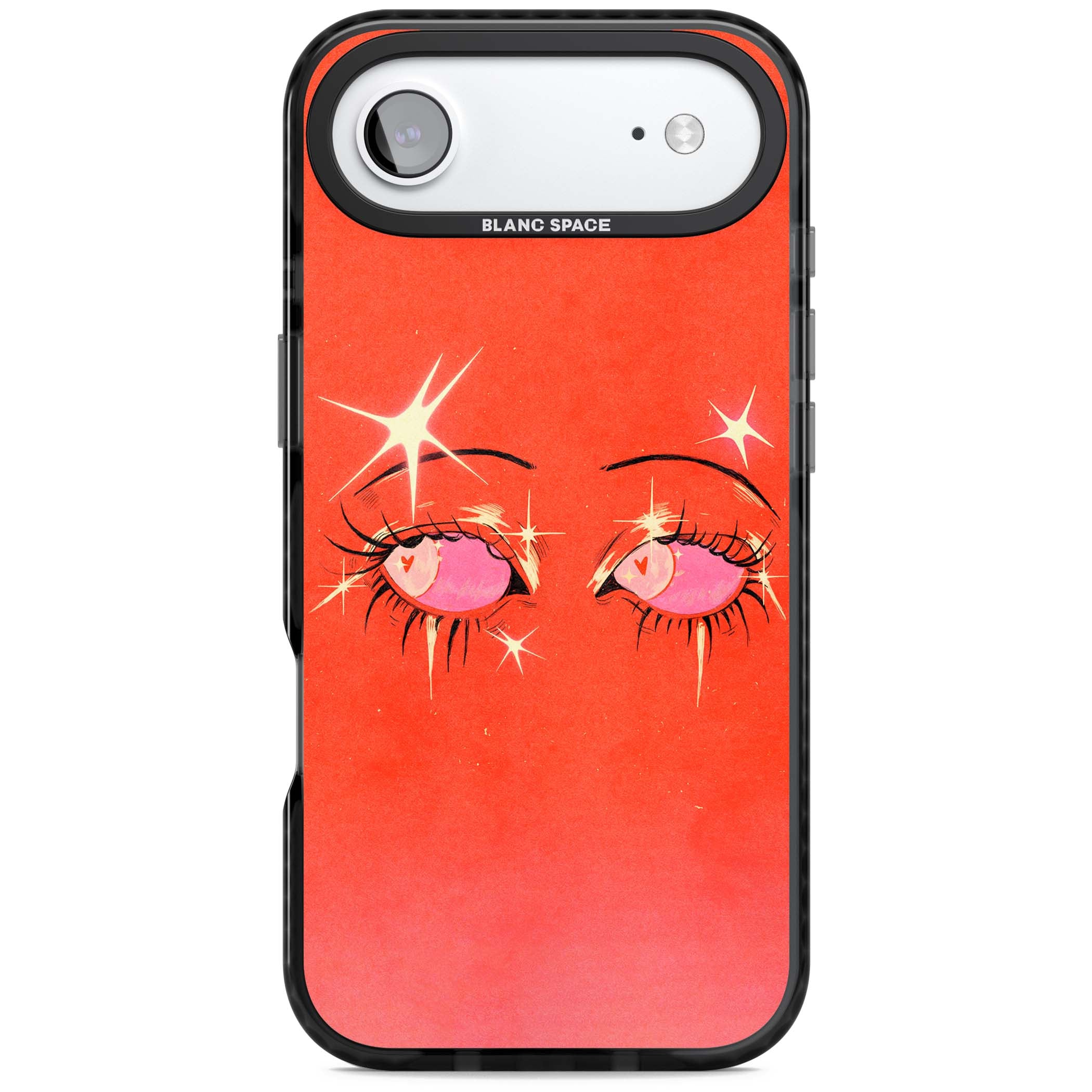 Pink Ethereal Eyes anime iPhone case featuring hand-drawn sparkly eyes with pink hearts and gold stars on red | Black Impact Magsafe case for iPhone Air