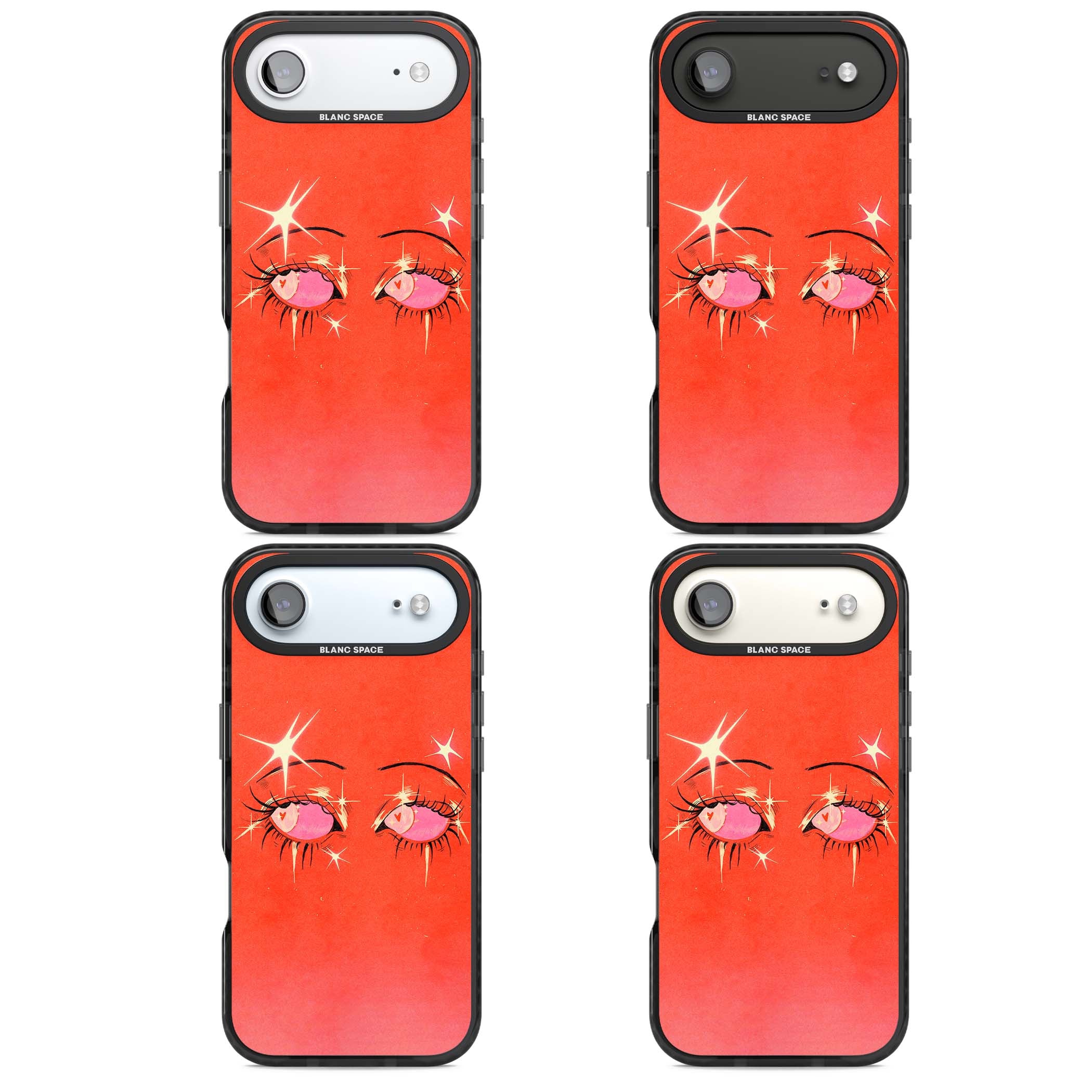 Pink Ethereal Eyes anime iPhone case featuring hand-drawn sparkly eyes with pink hearts and gold stars on red | Black Impact Magsafe case for iPhone Air