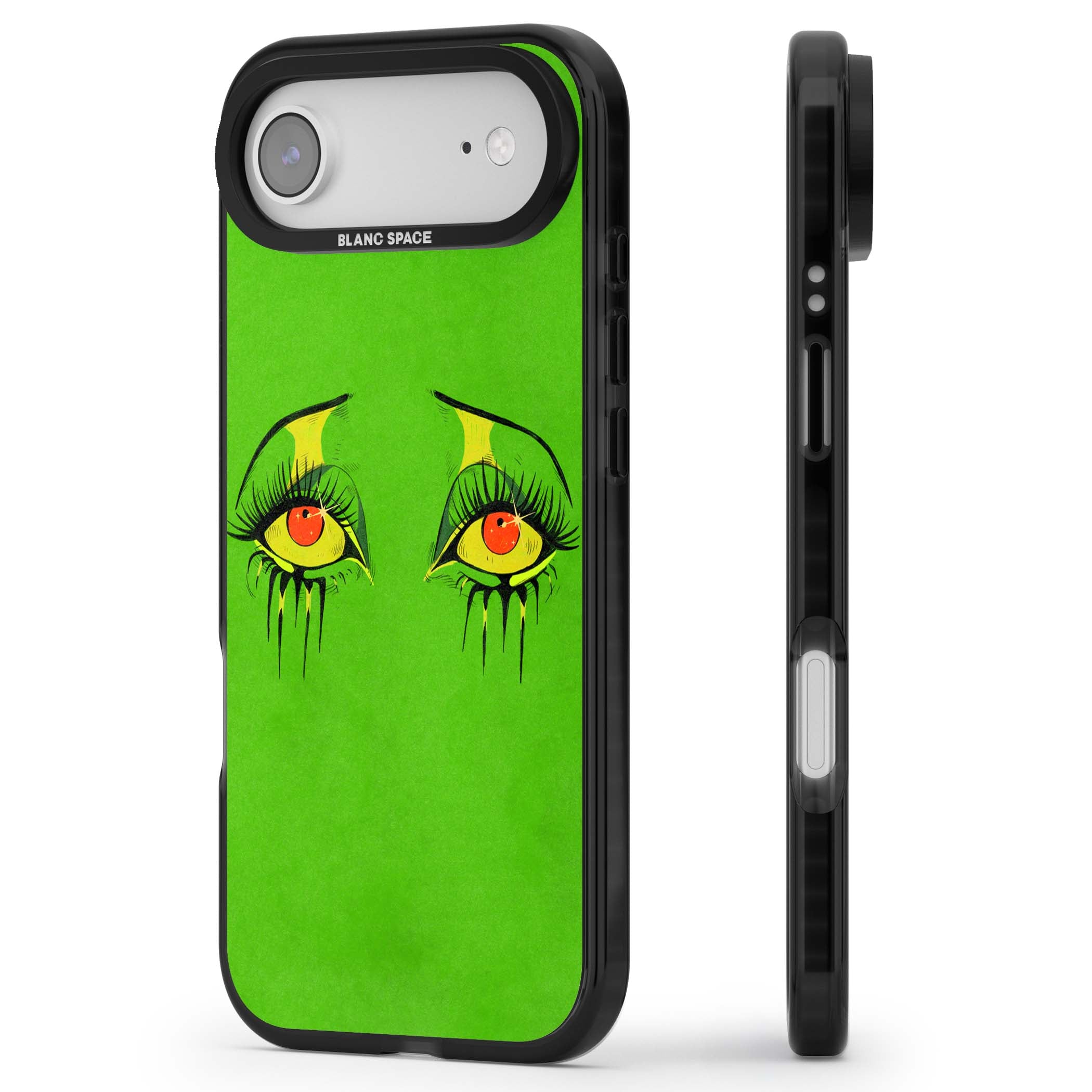 Green Enchanted Eyes psychedelic art iPhone case featuring hand-drawn dripping eyes on neon green background | Black Impact Magsafe case for iPhone Air