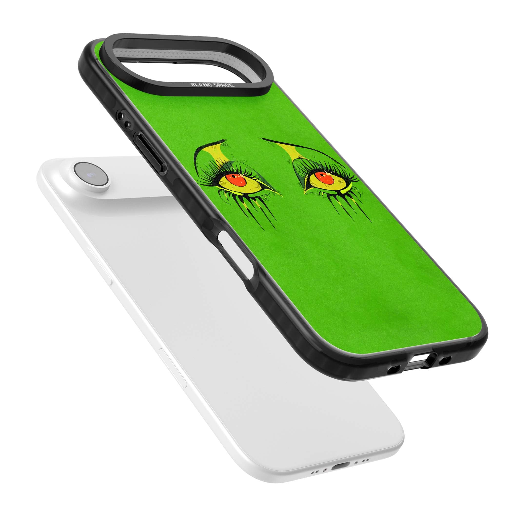 Green Enchanted Eyes psychedelic art iPhone case featuring hand-drawn dripping eyes on neon green background | Black Impact Magsafe case for iPhone Air