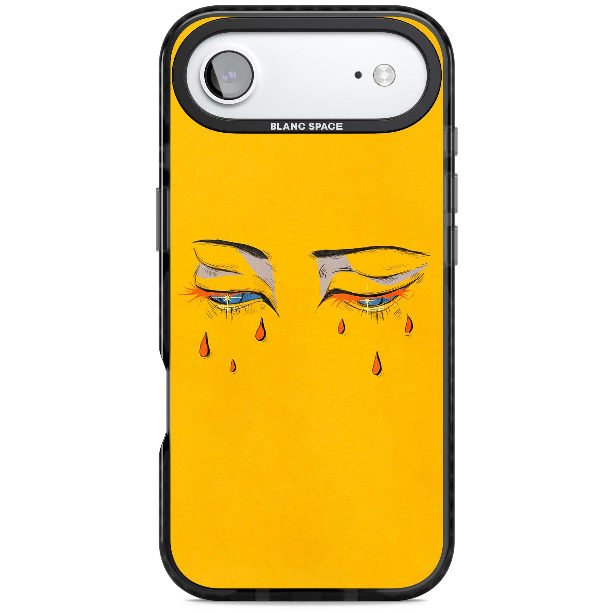 Yellow Tearful Eyes indie iPhone case featuring hand-drawn crying eyes with orange tears on a yellow background | Black Impact Magsafe case for iPhone Air