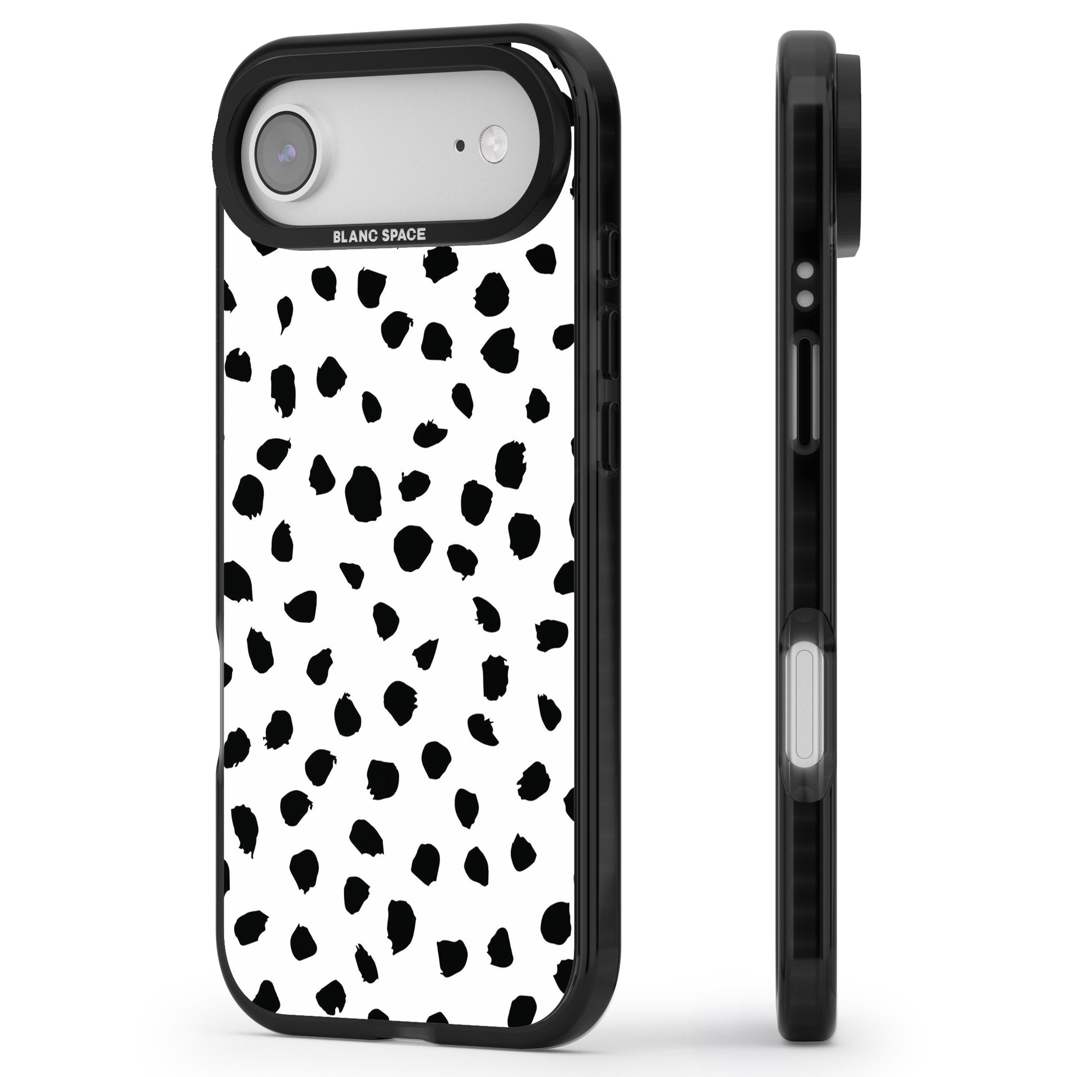 White Dalmatian Print iPhone 17 Air Impact Pro Black Phone Case Side Profile