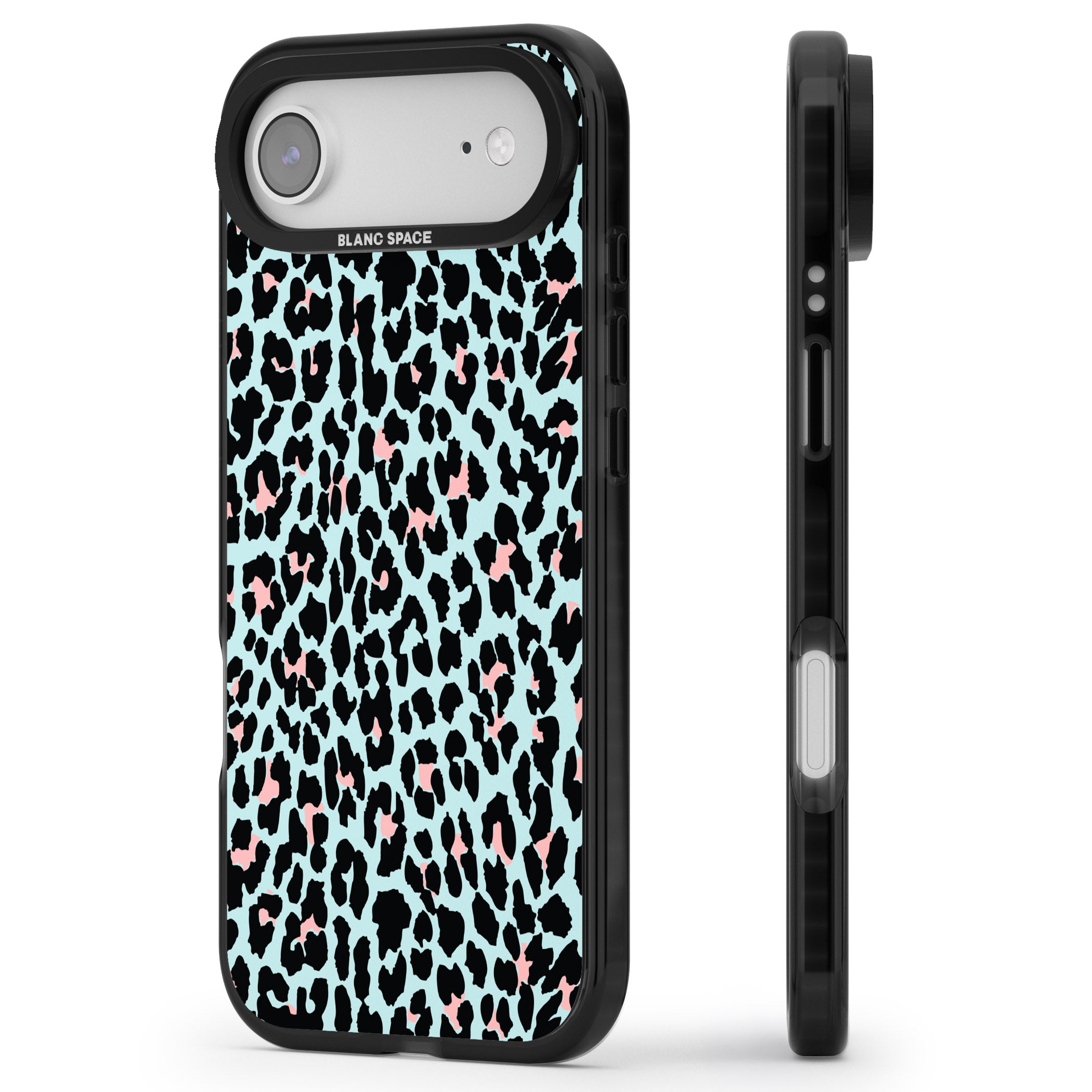 Pastel Blue & Pink Leopard Print iPhone 17 Air Impact Pro Black Phone Case Side Profile