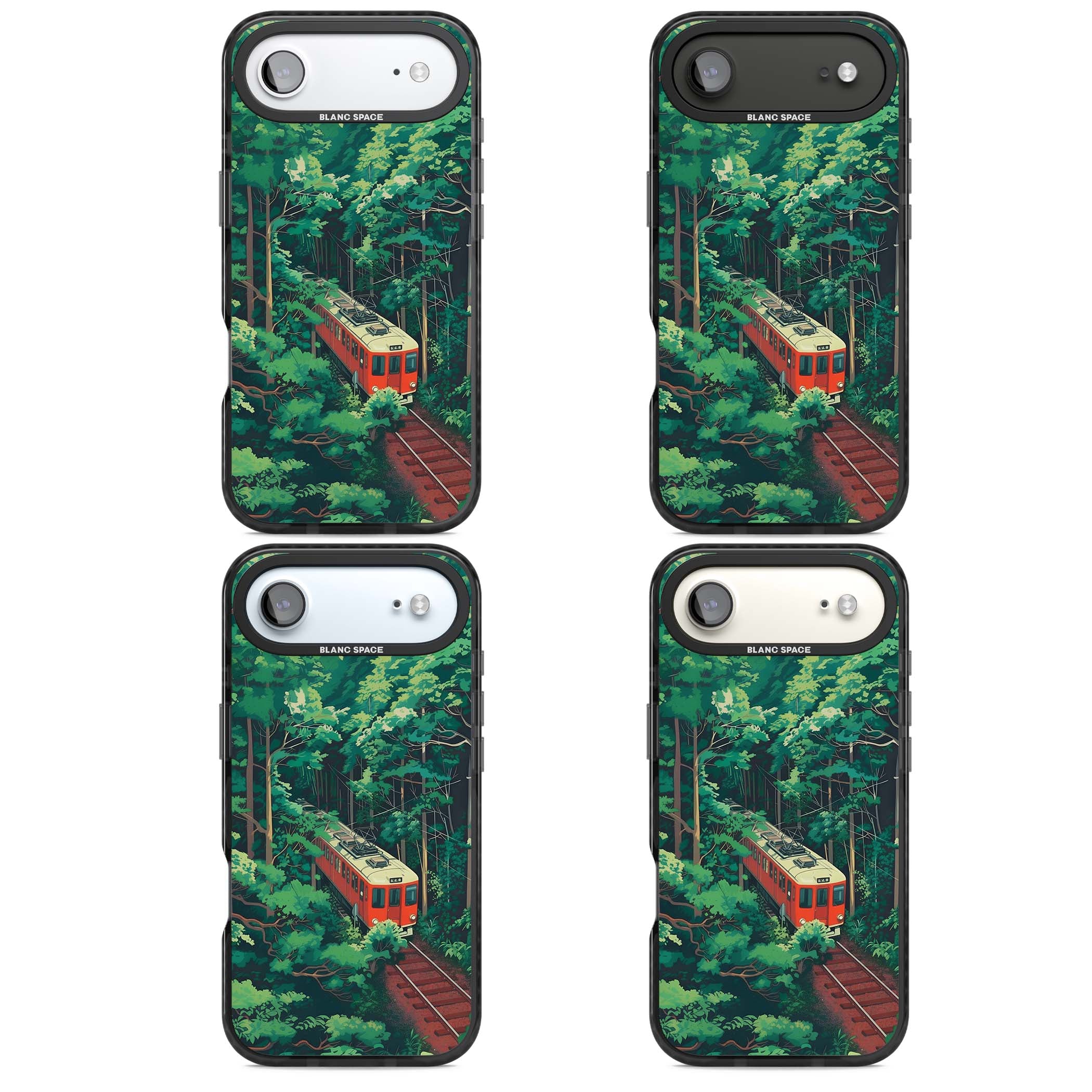 Railway In Toyama Japanese iPhone case featuring a red train, cedar forest and winding mountain railway tracks | Black Impact Magsafe case for iPhone Air
