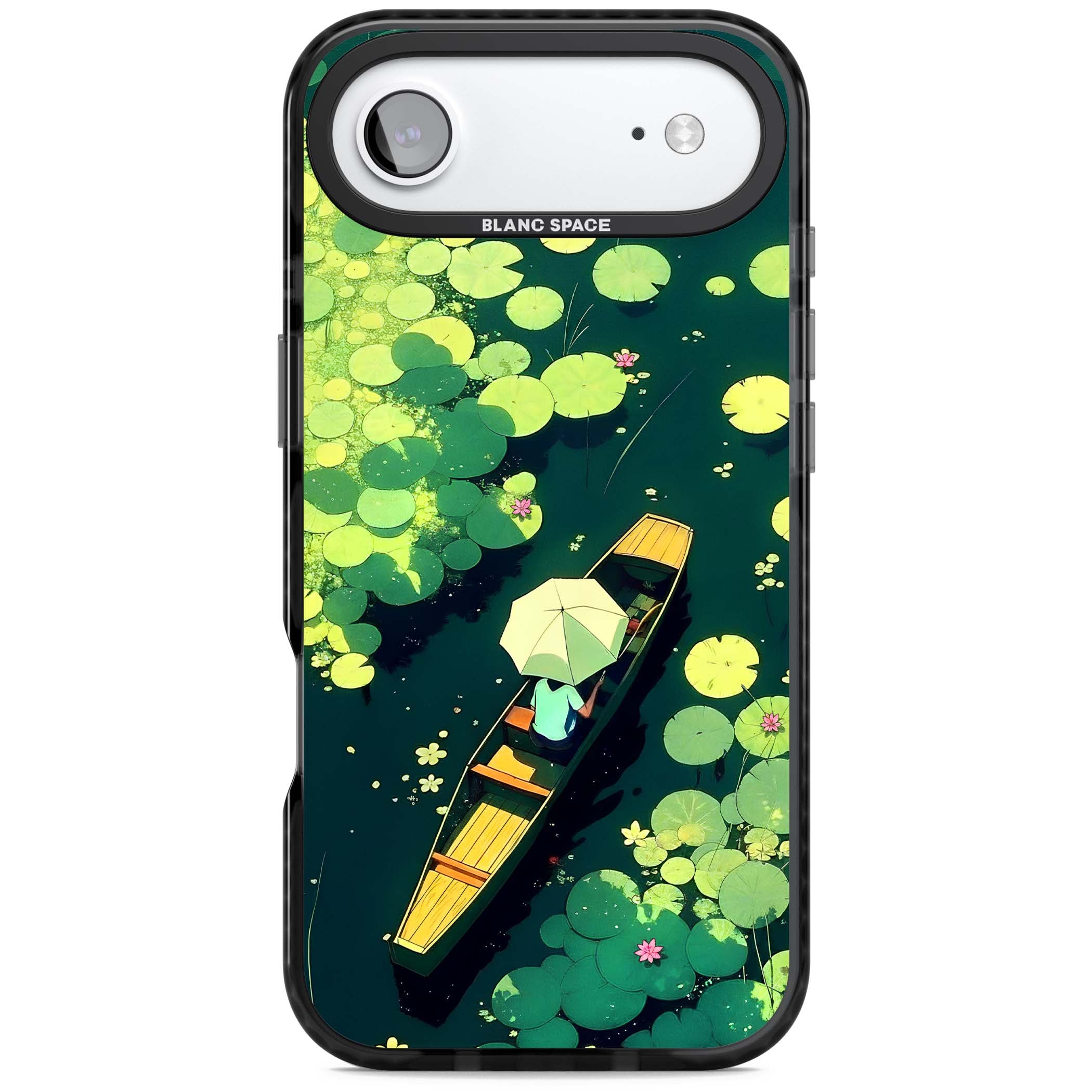 Jade Waters cottagecore iPhone case featuring a painted lily pond, wooden boat with parasol and floating water lilies | Black Impact Magsafe case for iPhone Air
