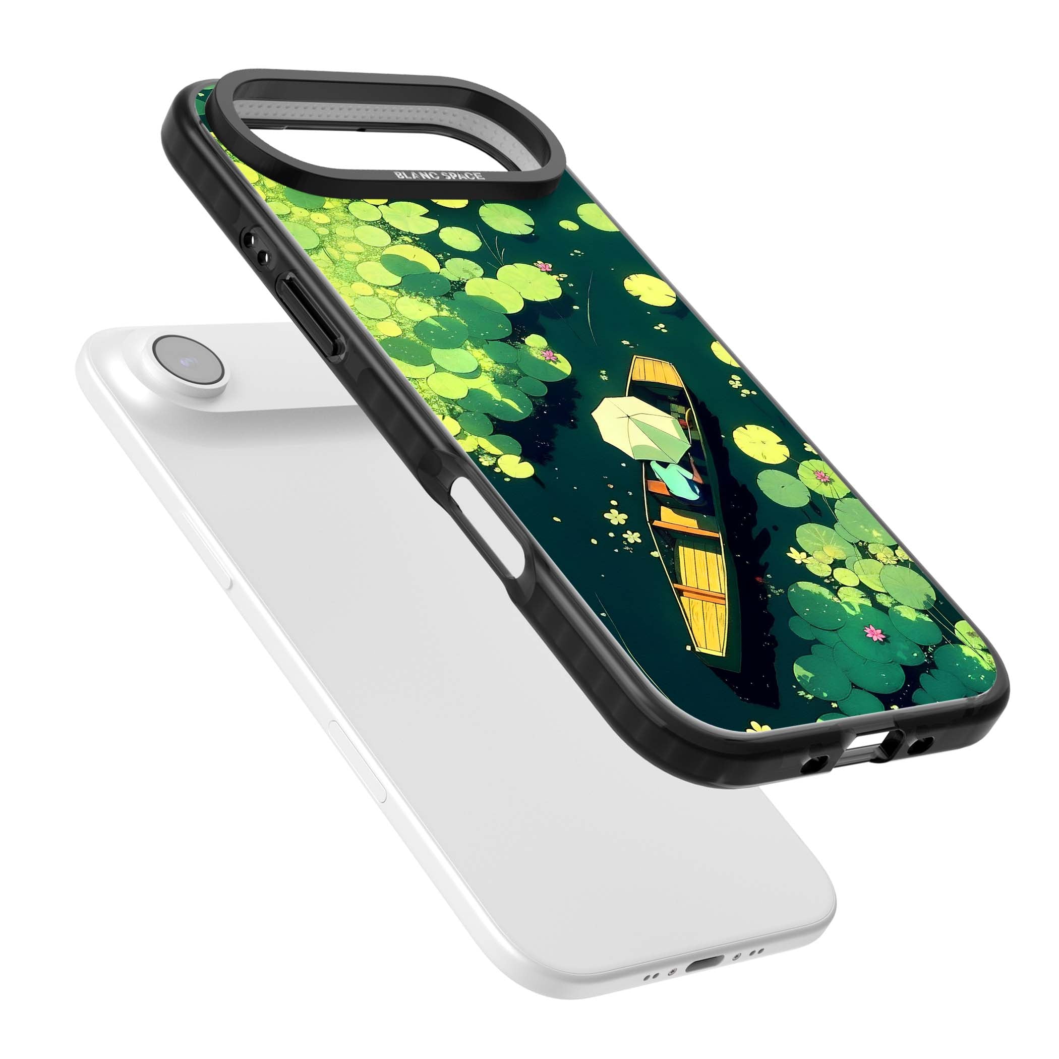 Jade Waters cottagecore iPhone case featuring a painted lily pond, wooden boat with parasol and floating water lilies | Black Impact Magsafe case for iPhone Air