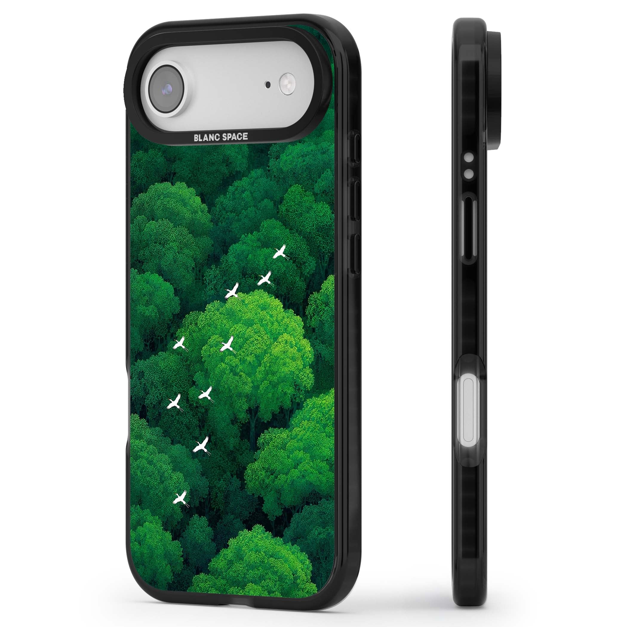 Grove Migration forest iPhone case featuring white cranes flying over lush green treetop canopy | Black Impact Magsafe case for iPhone Air