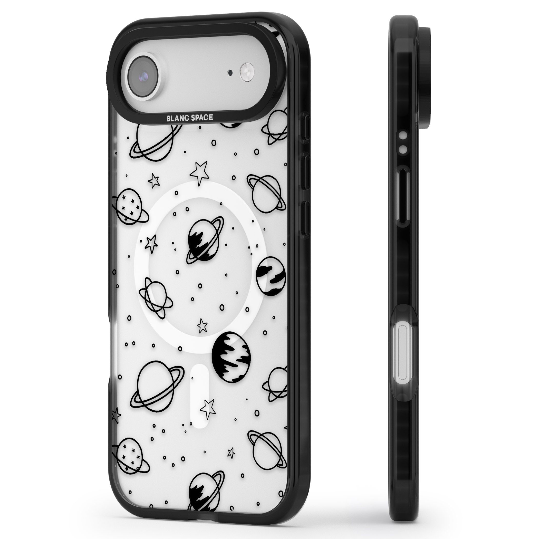 Cosmic Sketch Black Clear iPhone 17 Air Impact Pro Black Phone Case Side Profile