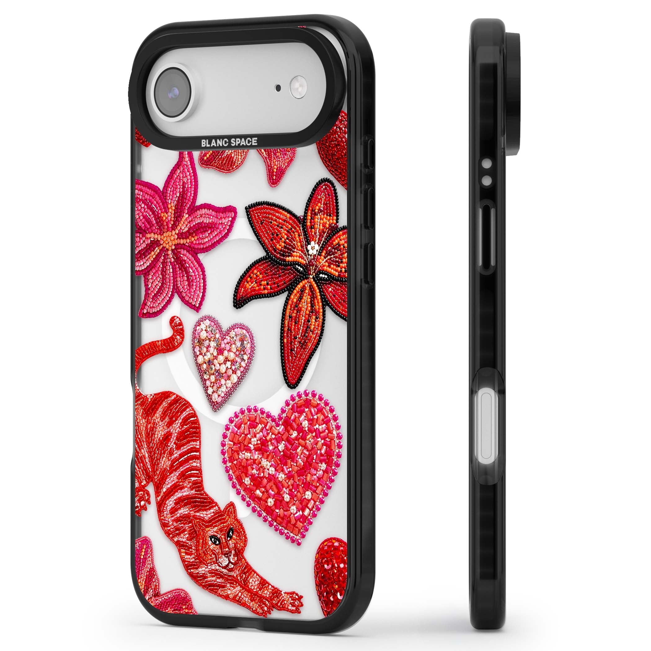 Beaded Boho floral iPhone case featuring beaded red lilies, a stitched tiger, and pearl-encrusted hearts on clear | Black Impact Magsafe case for iPhone Air