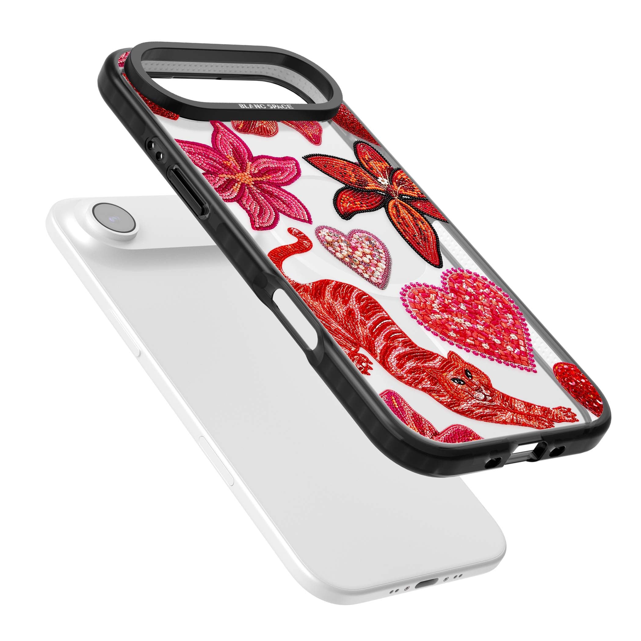 Beaded Boho floral iPhone case featuring beaded red lilies, a stitched tiger, and pearl-encrusted hearts on clear | Black Impact Magsafe case for iPhone Air