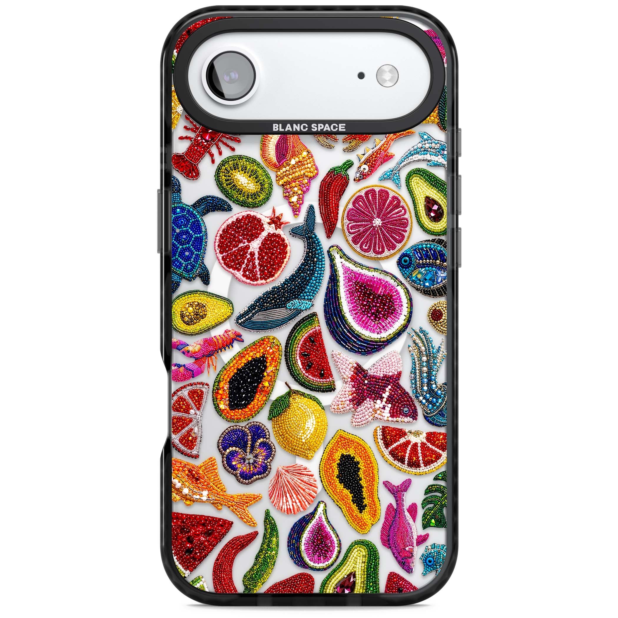 Beaded Tropic tropical iPhone case featuring beaded fruit, fish, crabs and seashells in vibrant colour | Black Impact Magsafe case for iPhone Air