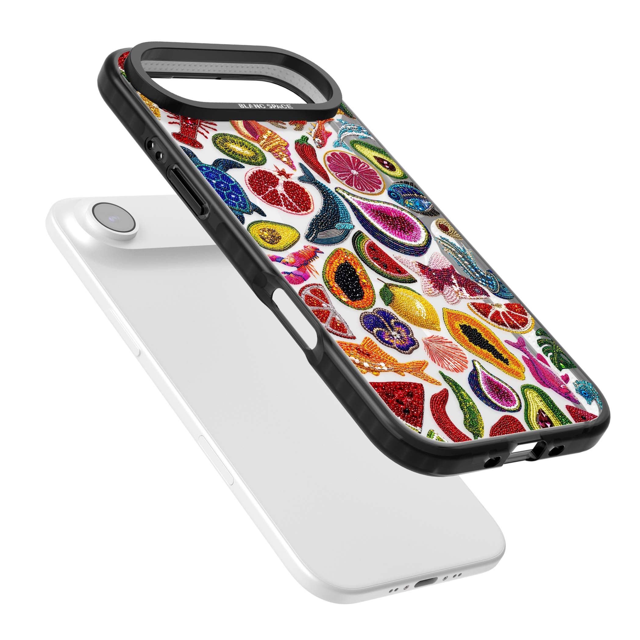 Beaded Tropic tropical iPhone case featuring beaded fruit, fish, crabs and seashells in vibrant colour | Black Impact Magsafe case for iPhone Air
