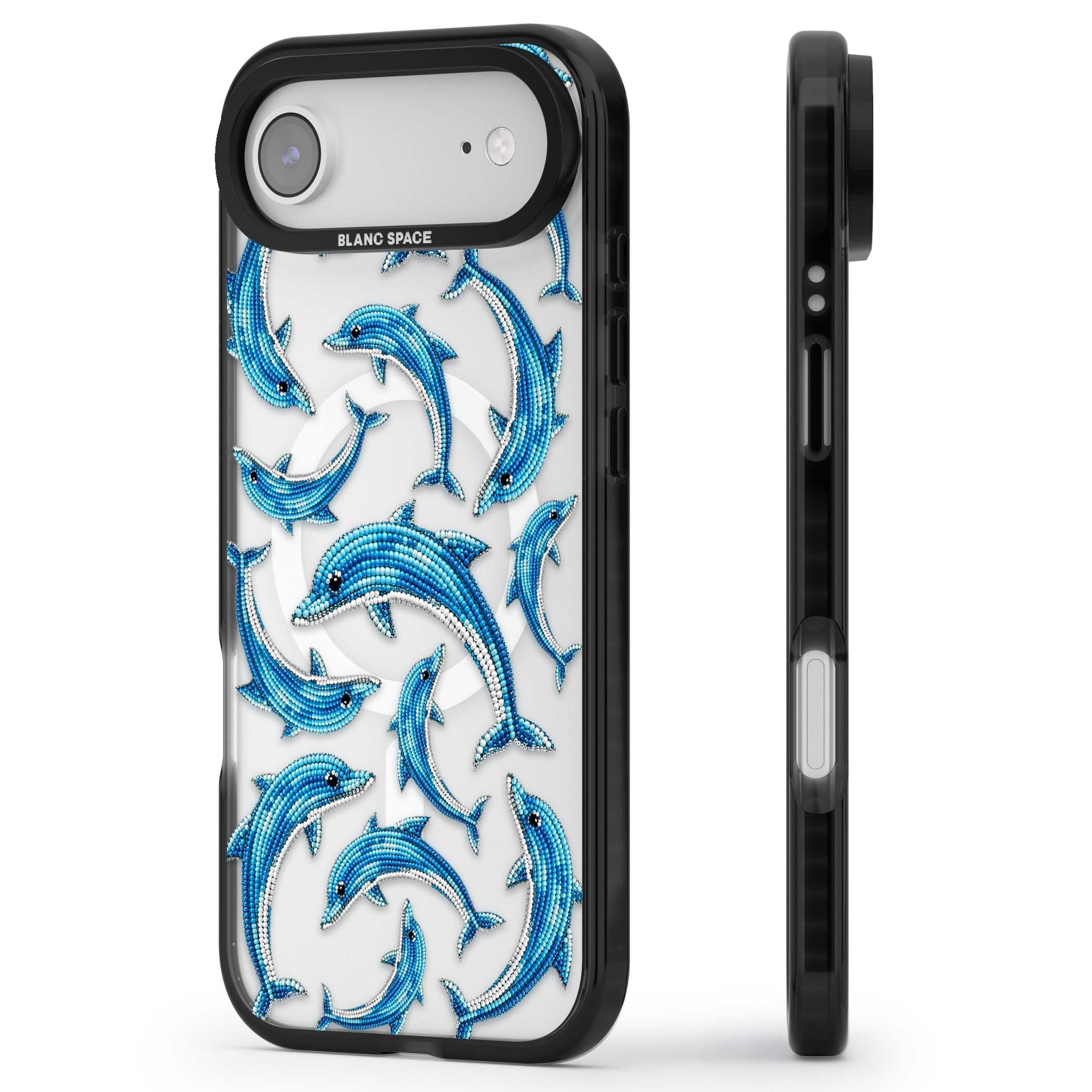 Beaded Dolphins coastal iPhone case featuring beaded dolphins in blue and white swimming across a clear background | Black Impact Magsafe case for iPhone Air