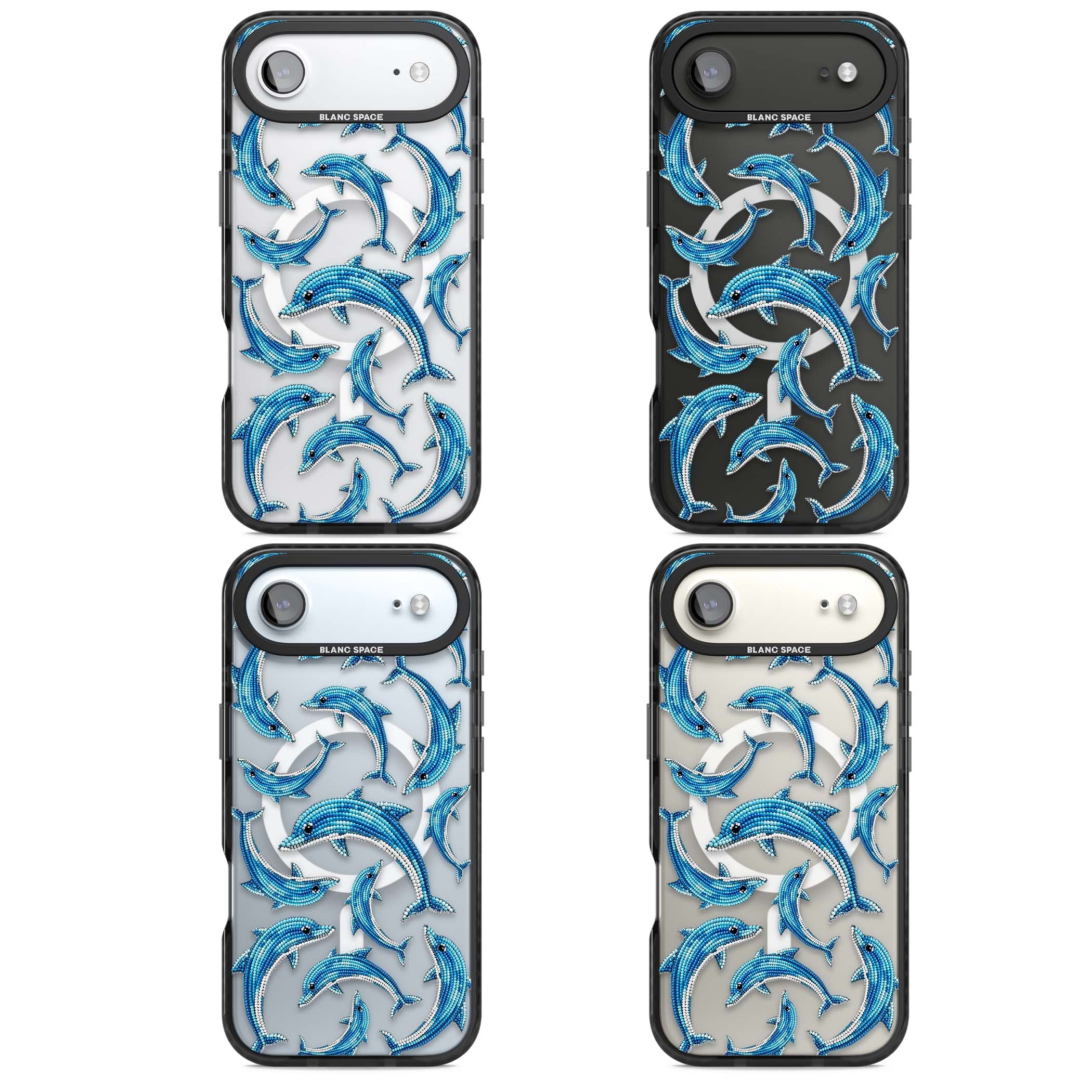 Beaded Dolphins coastal iPhone case featuring beaded dolphins in blue and white swimming across a clear background | Black Impact Magsafe case for iPhone Air