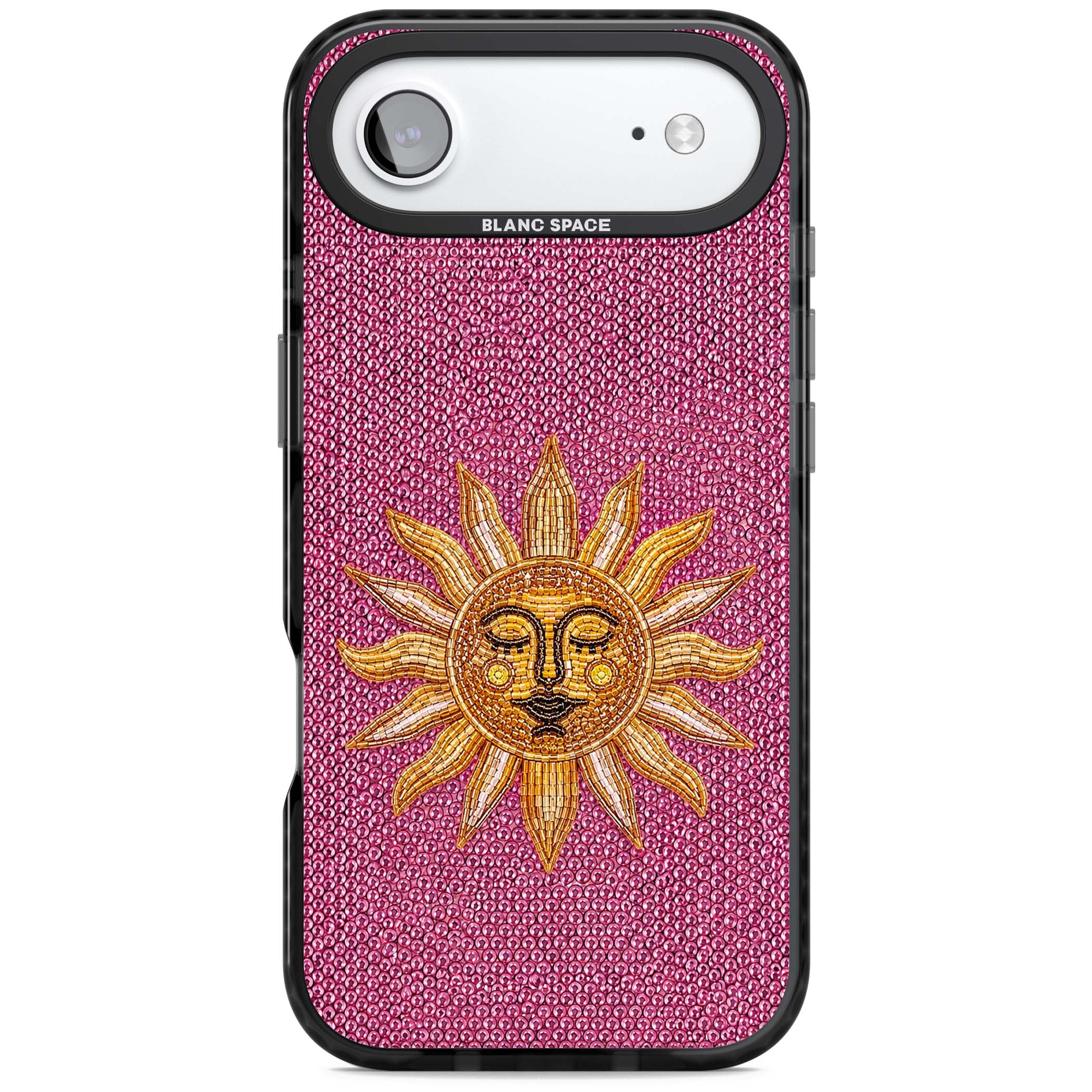 Beaded Sun celestial iPhone case featuring a golden beaded sun face with radiant rays on hot pink beaded background | Black Impact Magsafe case for iPhone Air