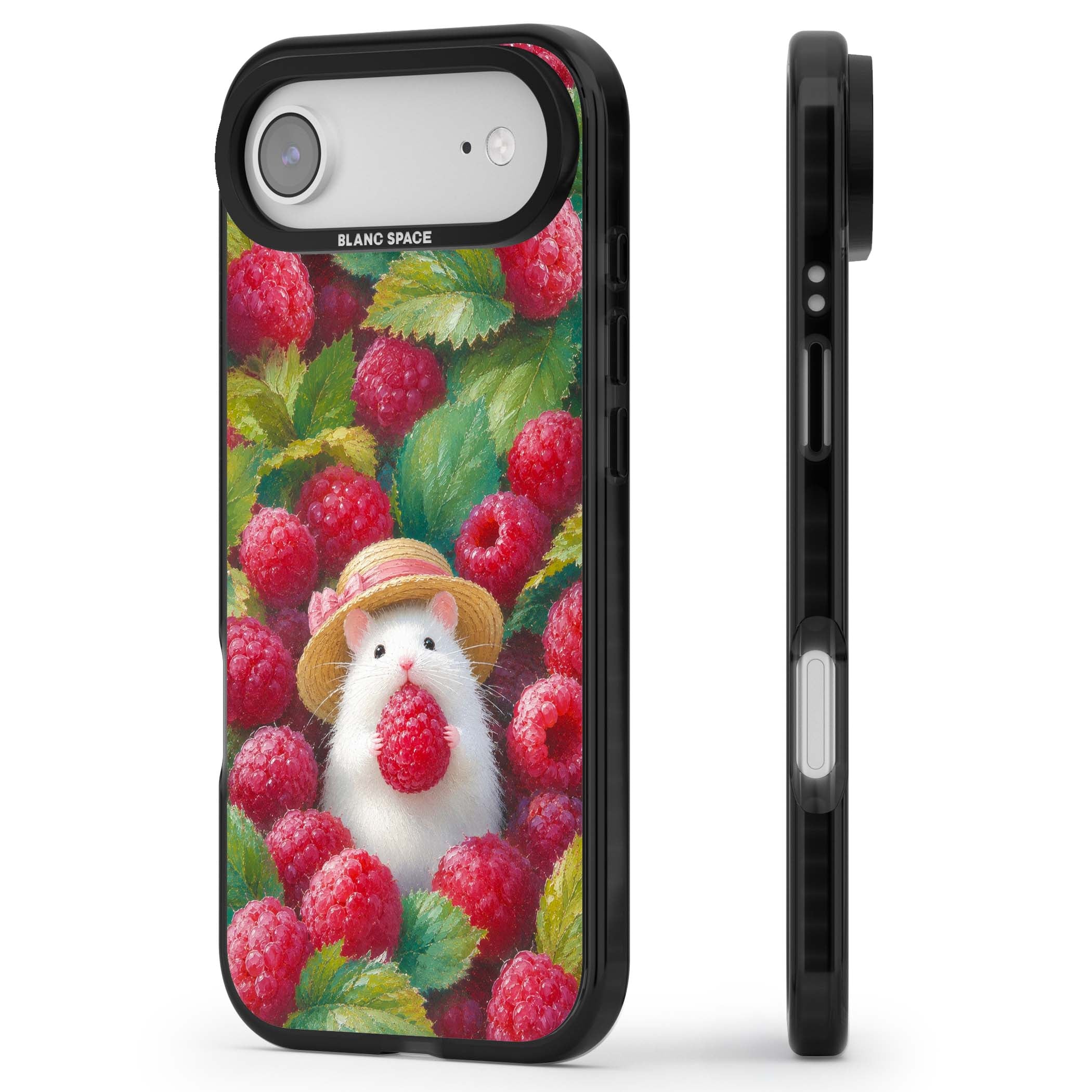 Berry Forager cottagecore iPhone case featuring a white hamster in a straw hat holding a raspberry surrounded by ripe ber | Black Impact Magsafe case for iPhone Air
