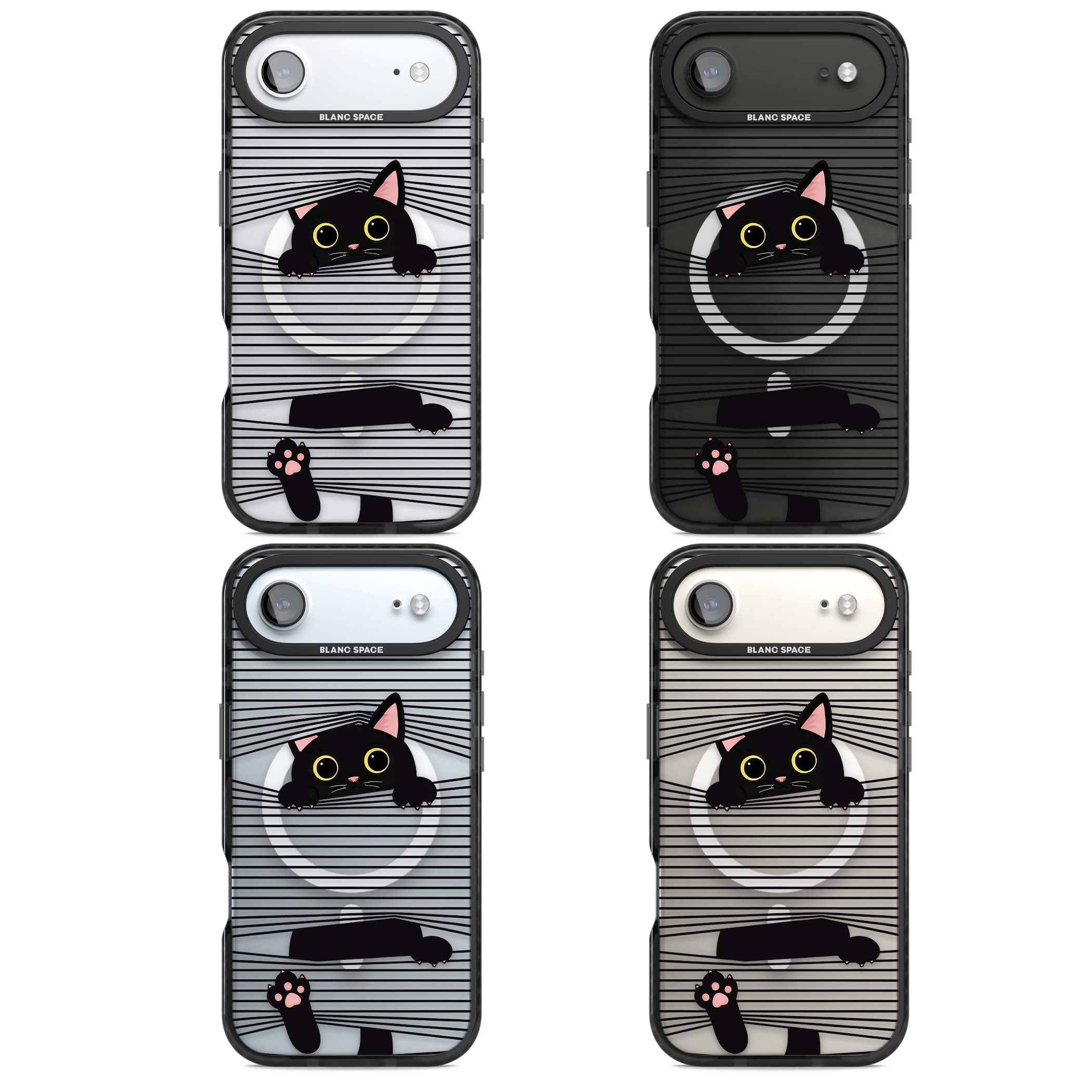 Peek-a-Boo Cat minimal iPhone case featuring black cat peeking through horizontal black and white stripes | Black Impact Magsafe case for iPhone Air