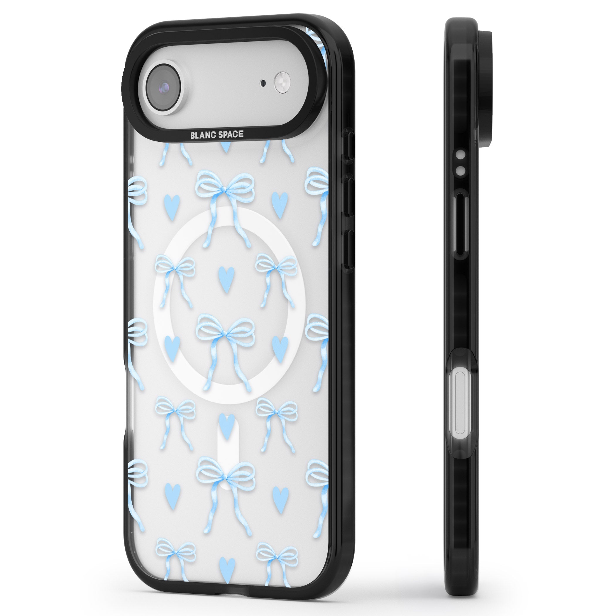 Blue Bows & Hearts iPhone 17 Air Impact Pro Black Phone Case Side Profile