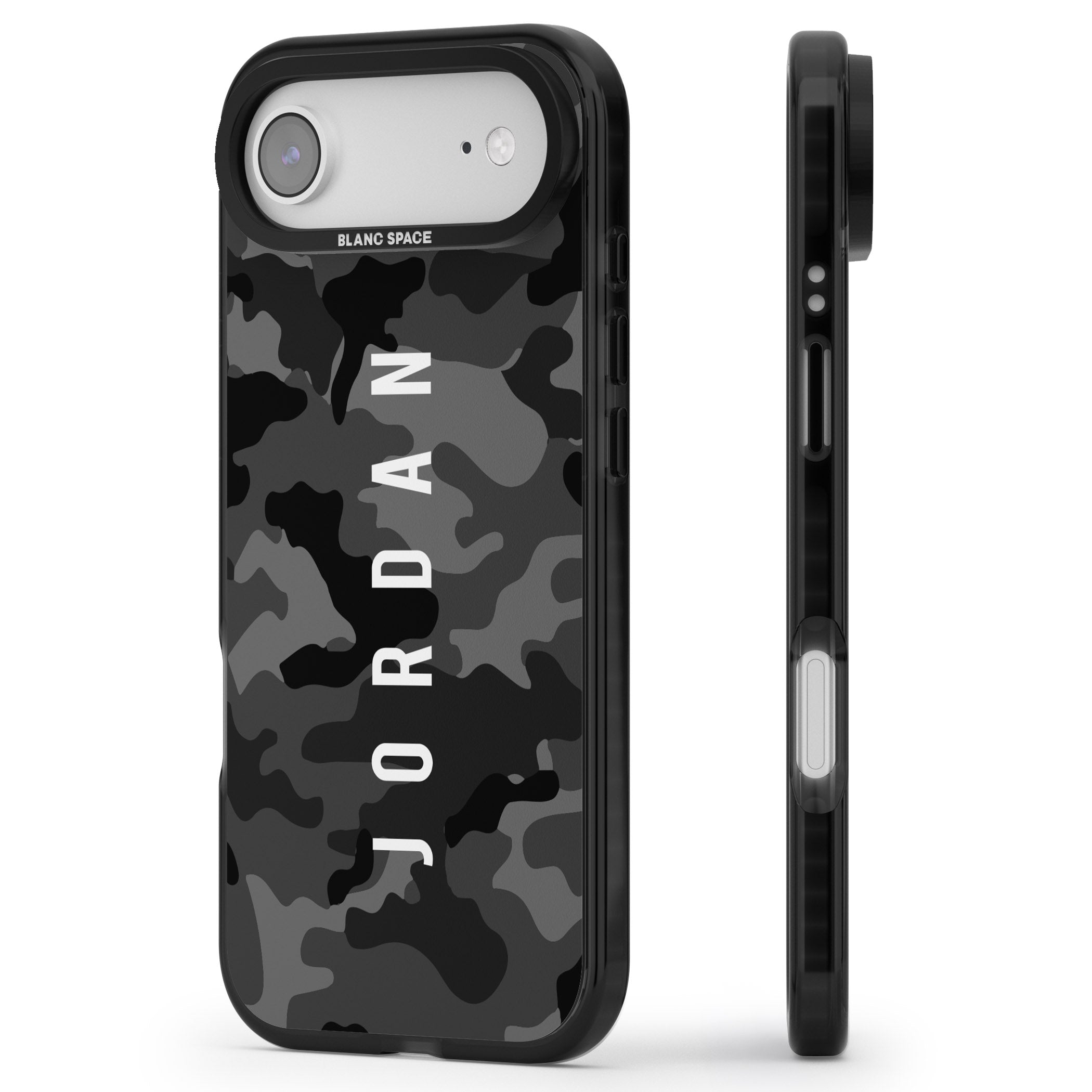 Personalised Black Camouflage Name iPhone 17 Air Impact Pro Black Phone Case Side Profile