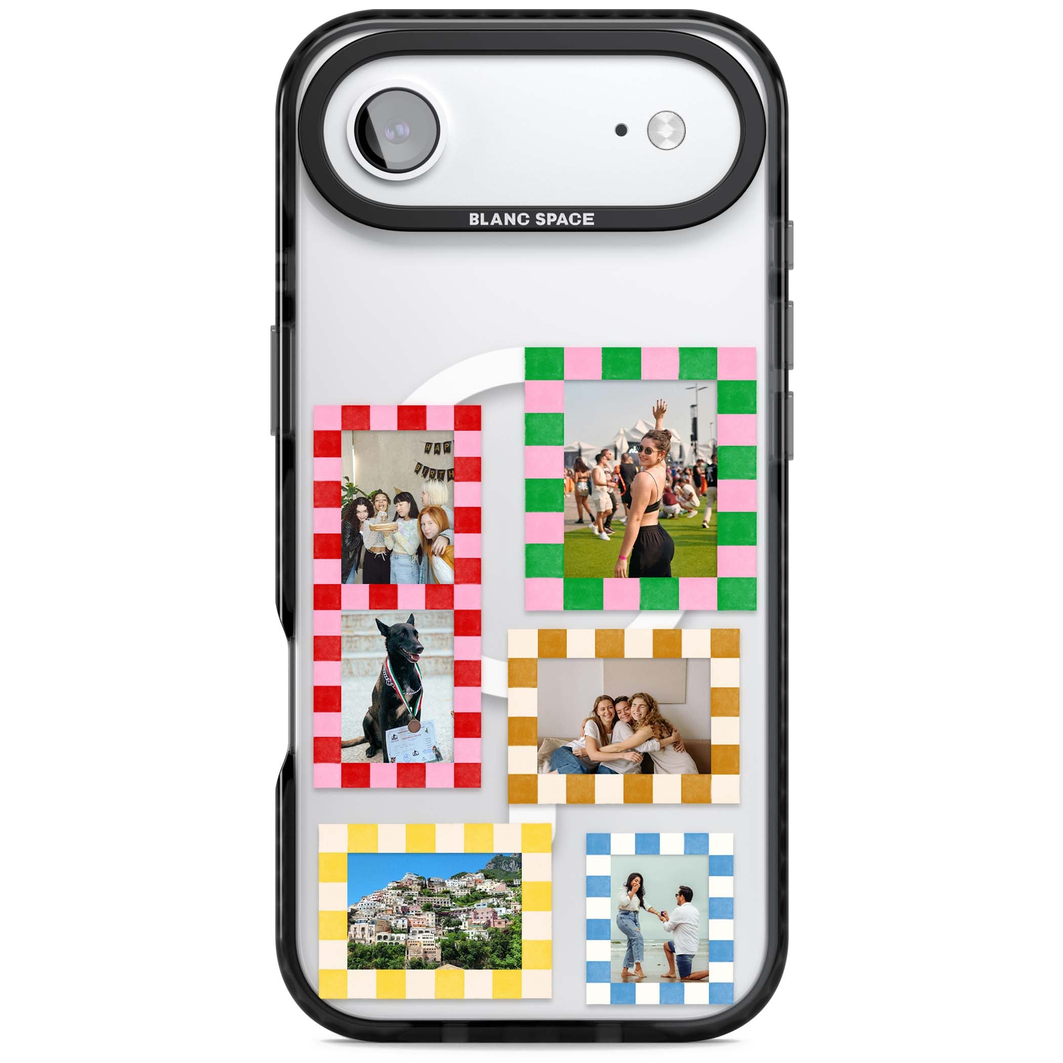 Italian Check Frames custom photo collage iPhone case featuring six checkered photo frames in red, green, pink and | Black Impact Magsafe case for iPhone Air