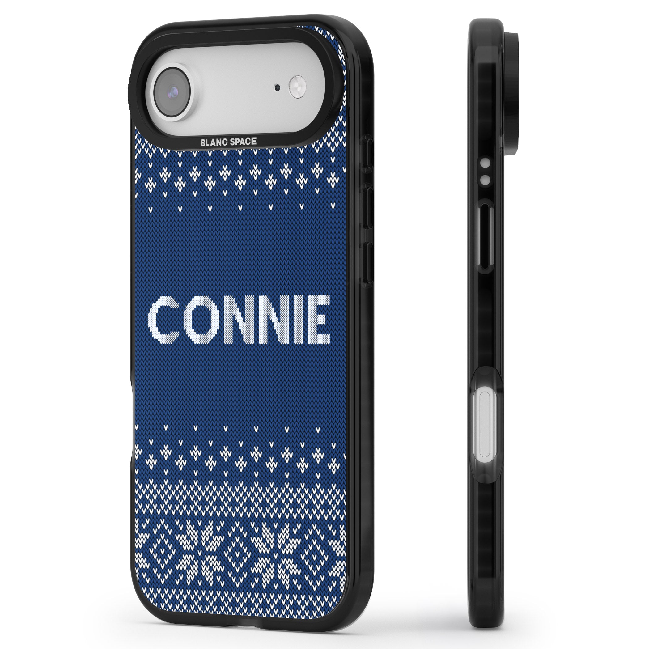 Personalised Blue Knitted Christmas iPhone 17 Air Impact Pro Black Phone Case Side Profile