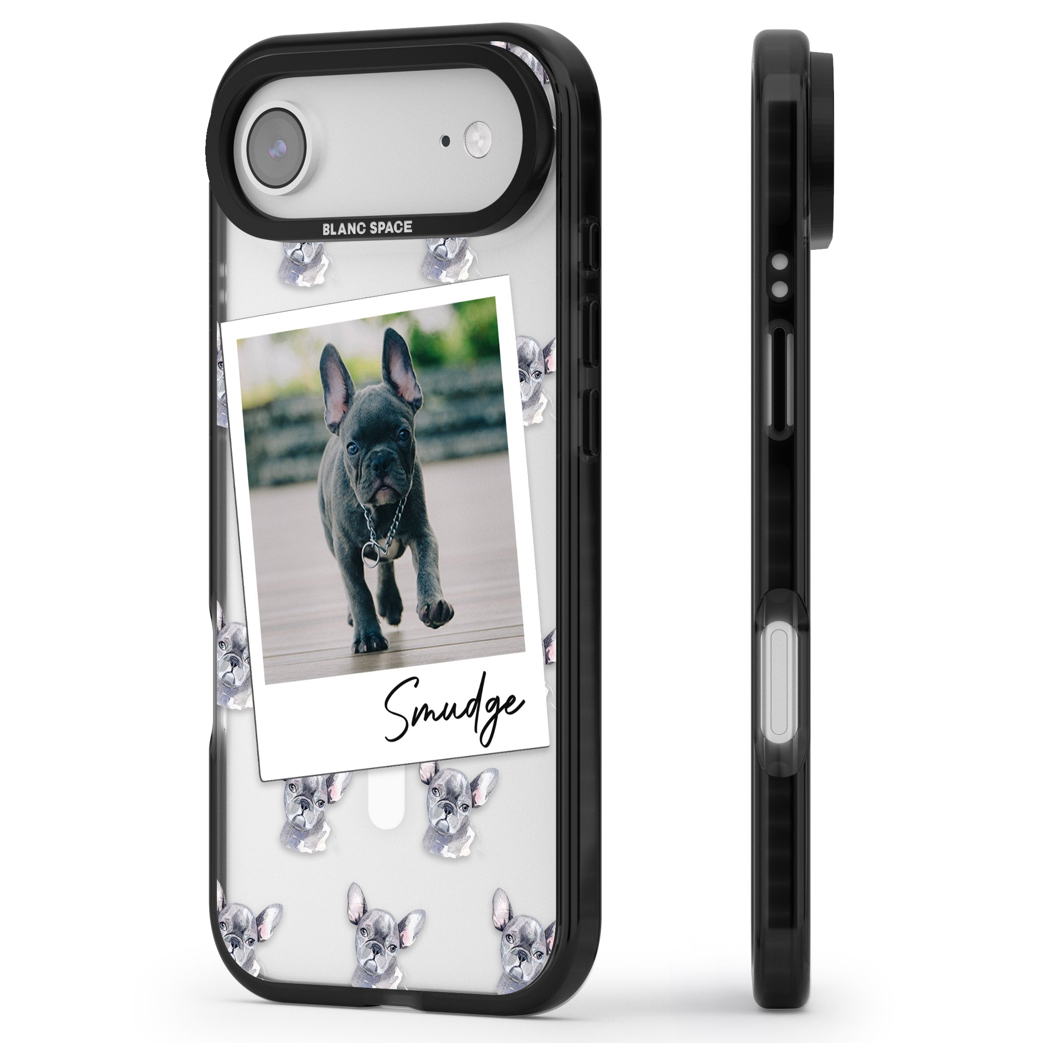 Personalised Grey French Bulldog Instant Camera Photo iPhone 17 Air Impact Pro Black Phone Case Side Profile